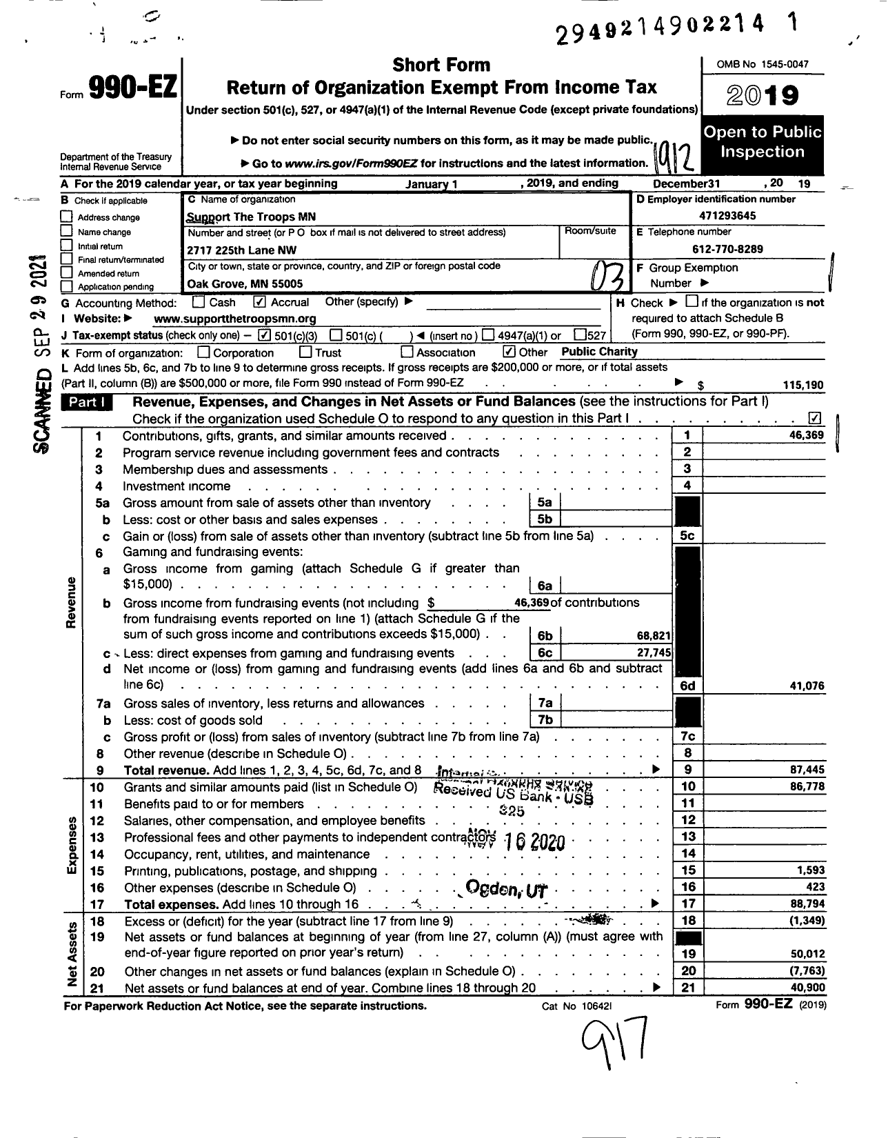 Image of first page of 2019 Form 990EZ for Support the Troops MN