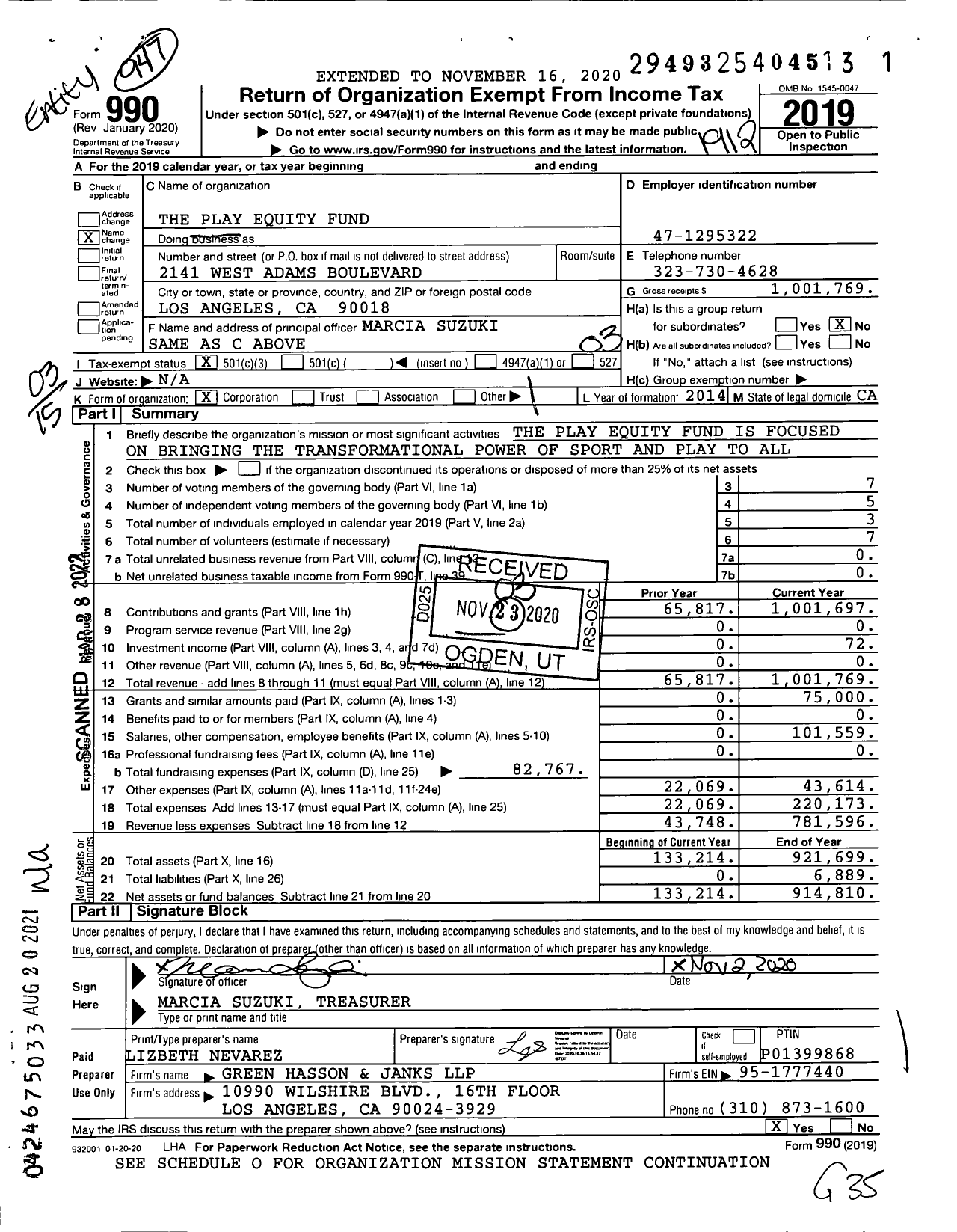 Image of first page of 2019 Form 990 for The Play Equity Fund