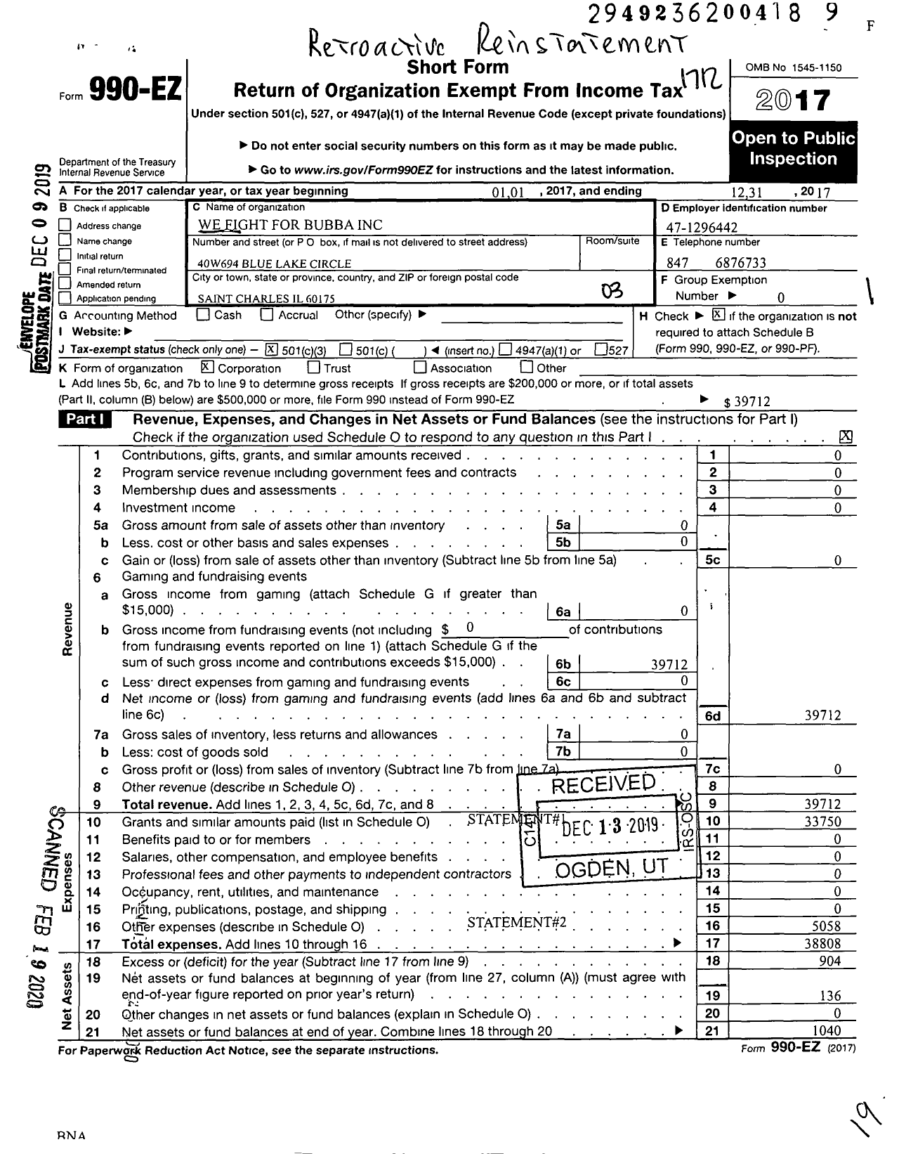 Image of first page of 2017 Form 990EZ for We Fight for Bubba