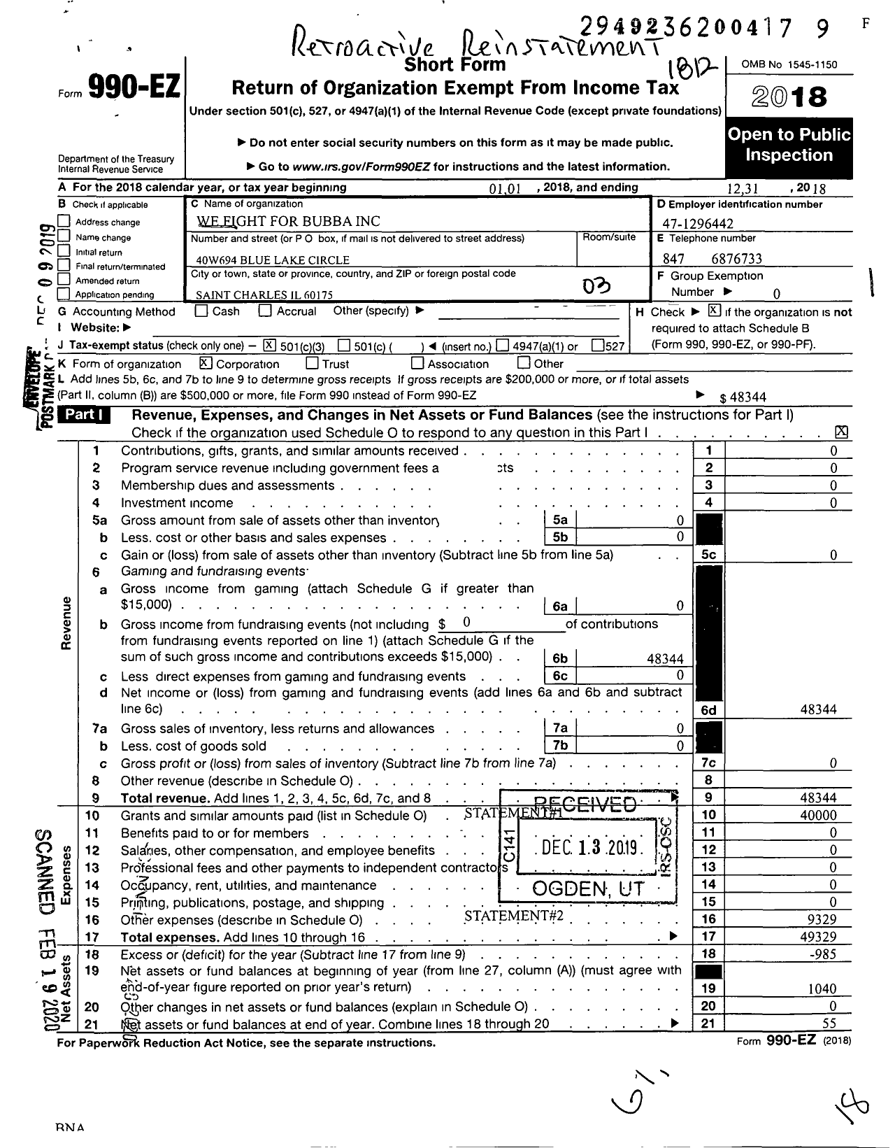 Image of first page of 2018 Form 990EZ for We Fight for Bubba