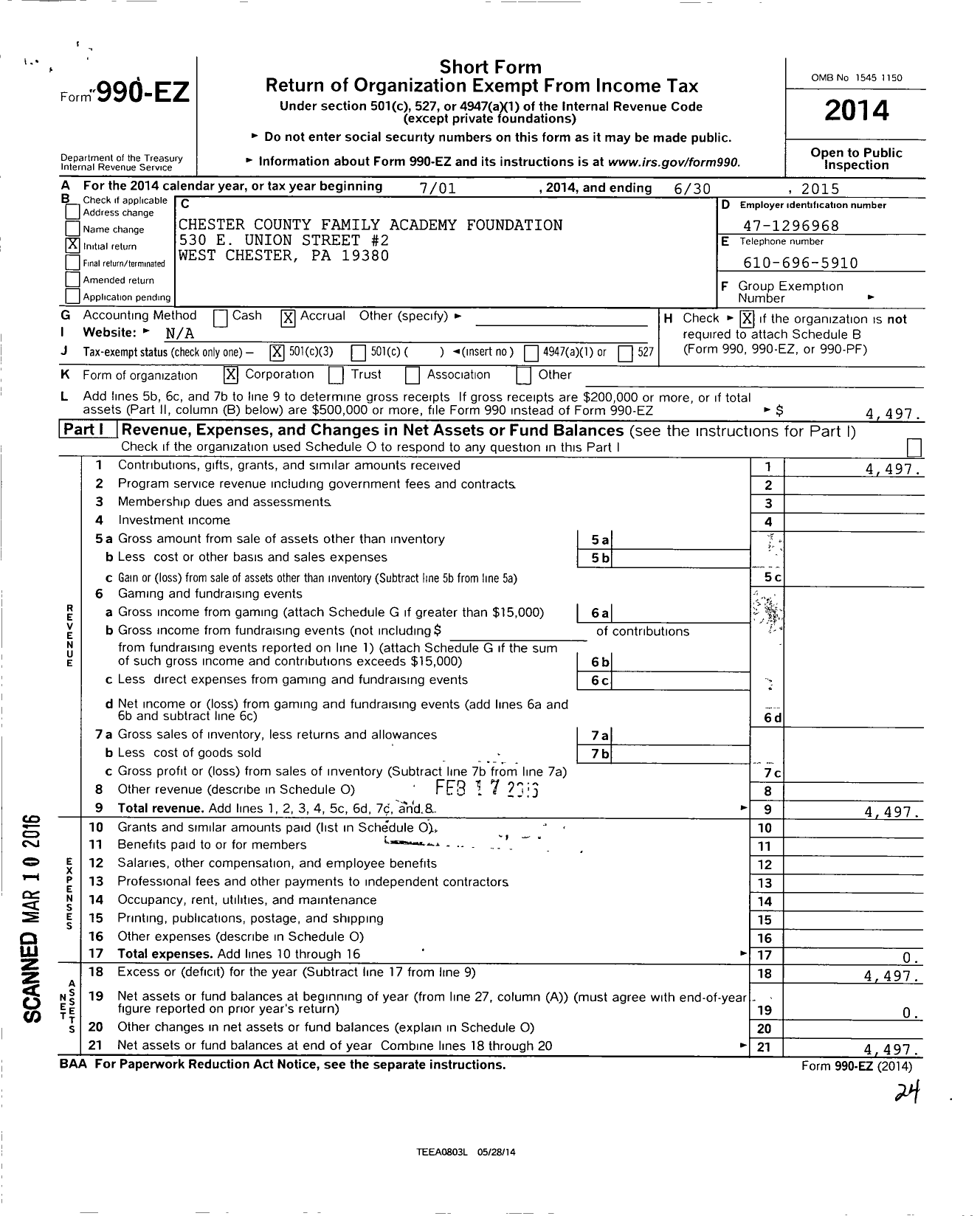 Image of first page of 2014 Form 990EZ for Chester County Family Academy Foundation