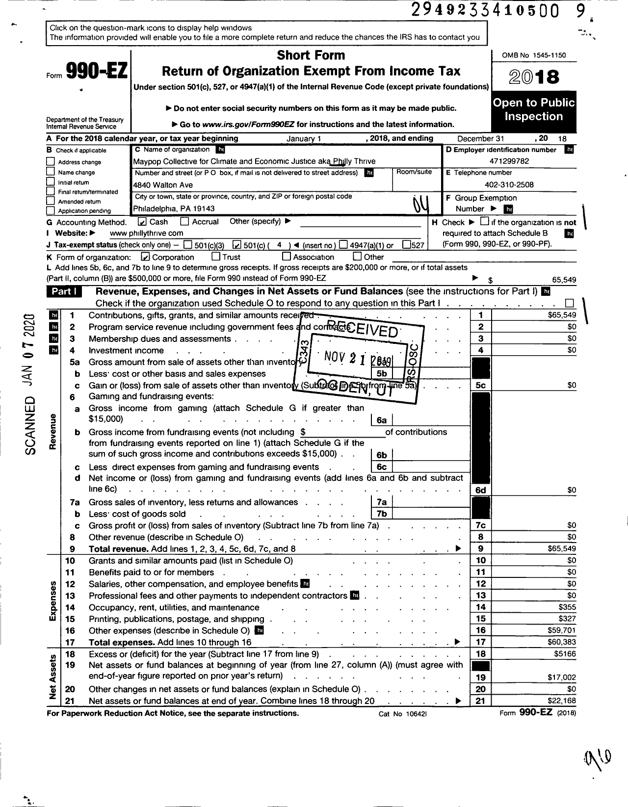 Image of first page of 2018 Form 990EO for Maypop Collective for Climate and Economic Justice