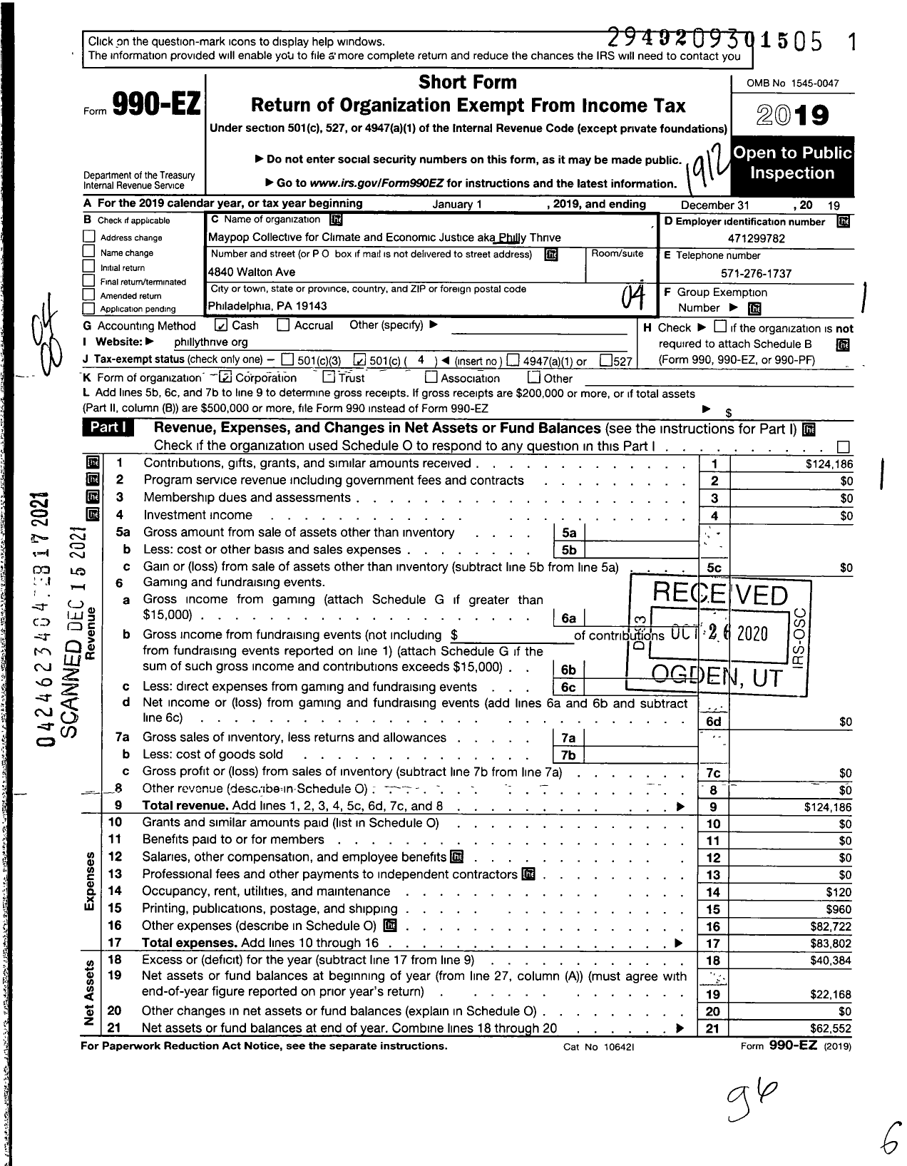 Image of first page of 2019 Form 990EO for Philly Thrive