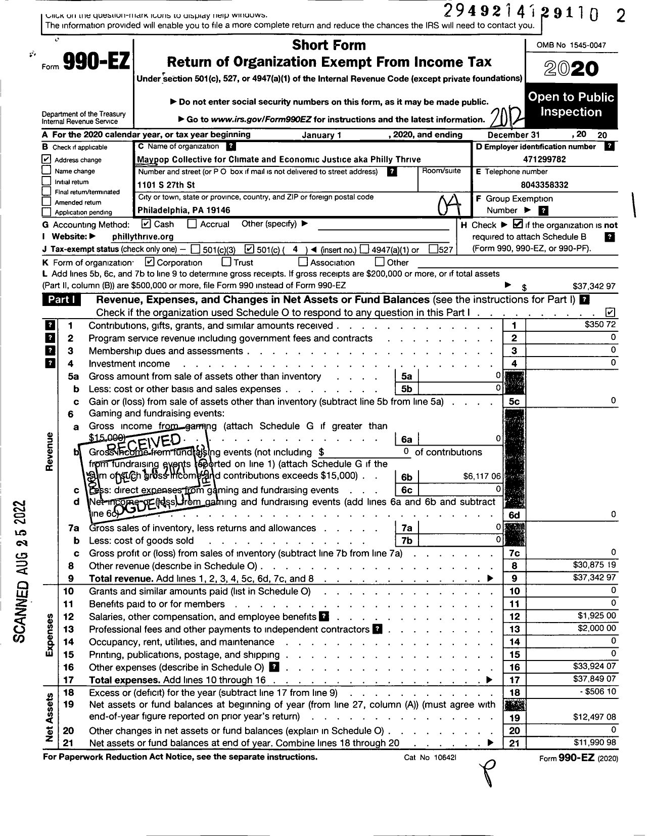 Image of first page of 2020 Form 990EO for Philly Thrive