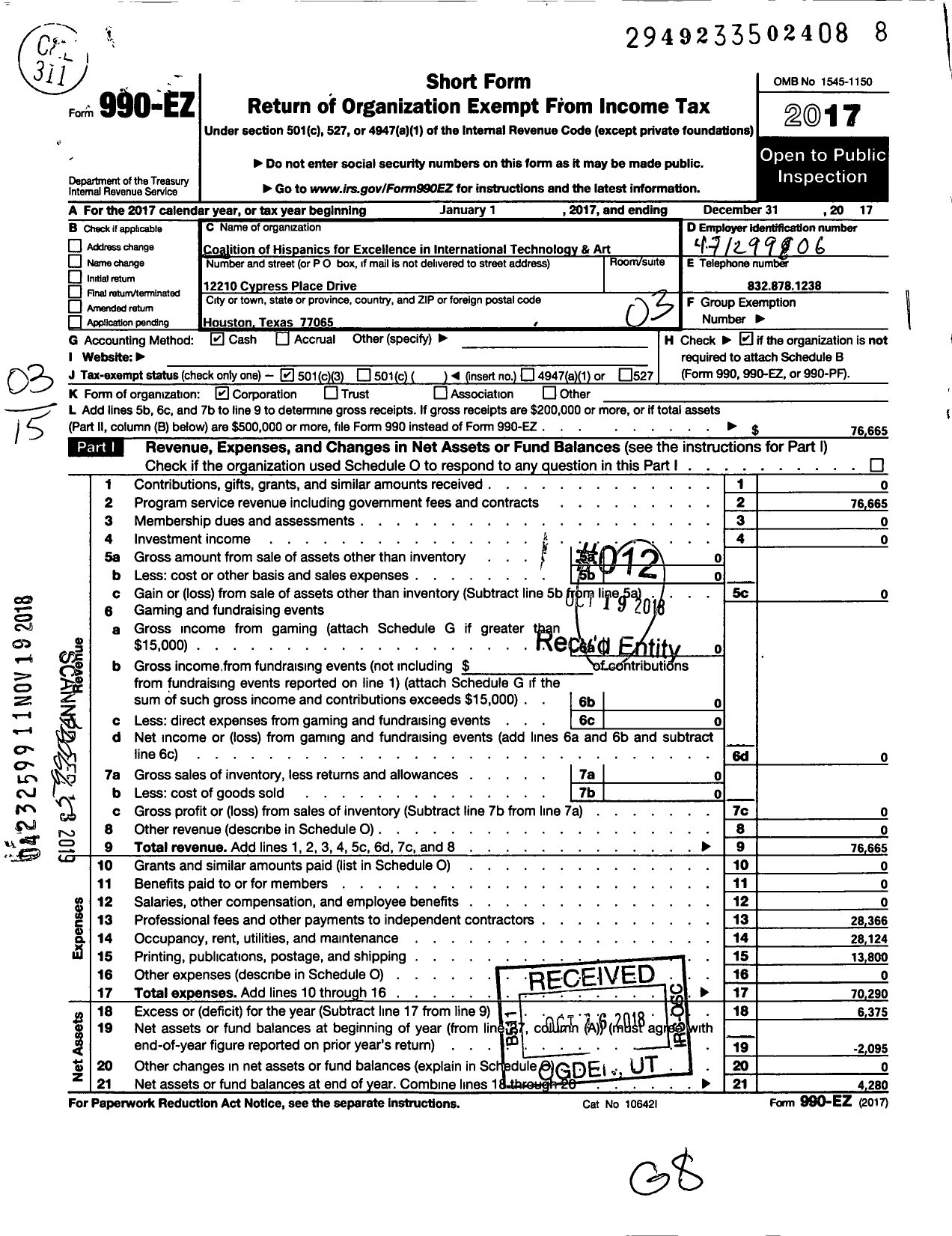 Image of first page of 2017 Form 990EZ for Coalition of Hispanics for Excellence in International Techno