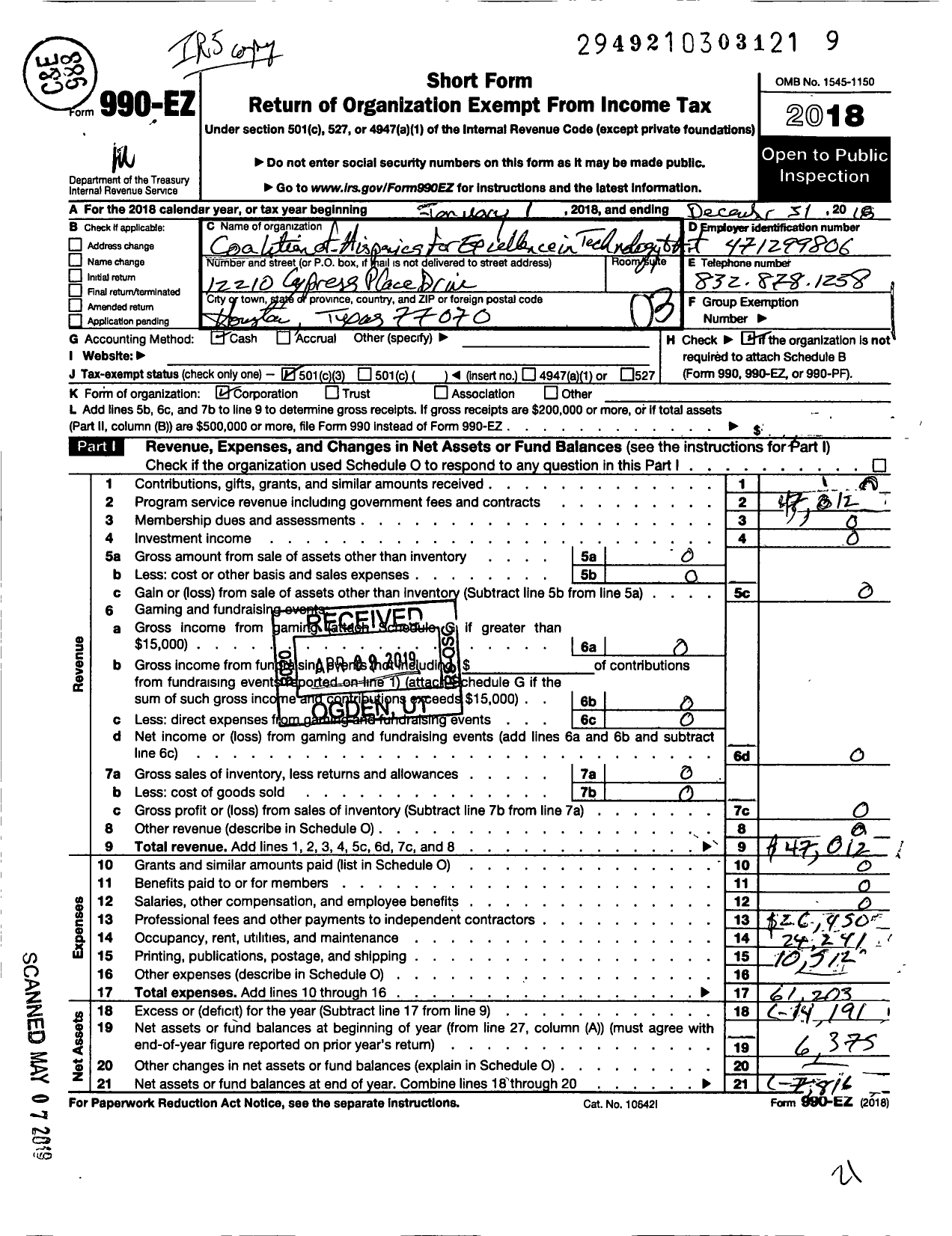 Image of first page of 2018 Form 990EZ for Coalition of Hispanics for Excellence in International Techno