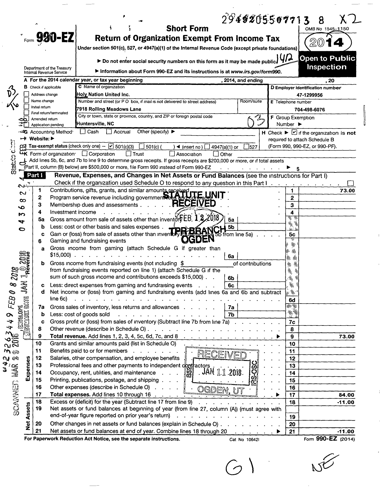 Image of first page of 2014 Form 990EZ for Holy Nation United