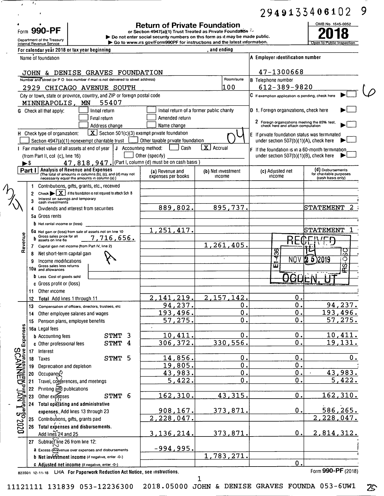 Image of first page of 2018 Form 990PF for John and Denise Graves Foundation