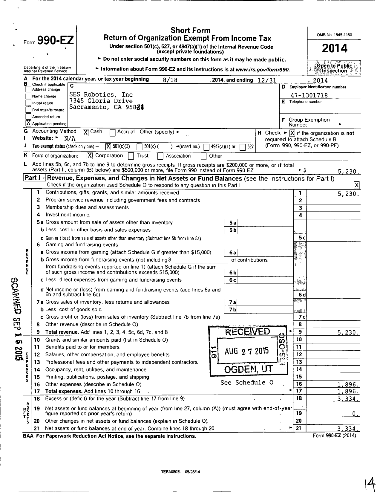 Image of first page of 2014 Form 990EZ for SES Robotics