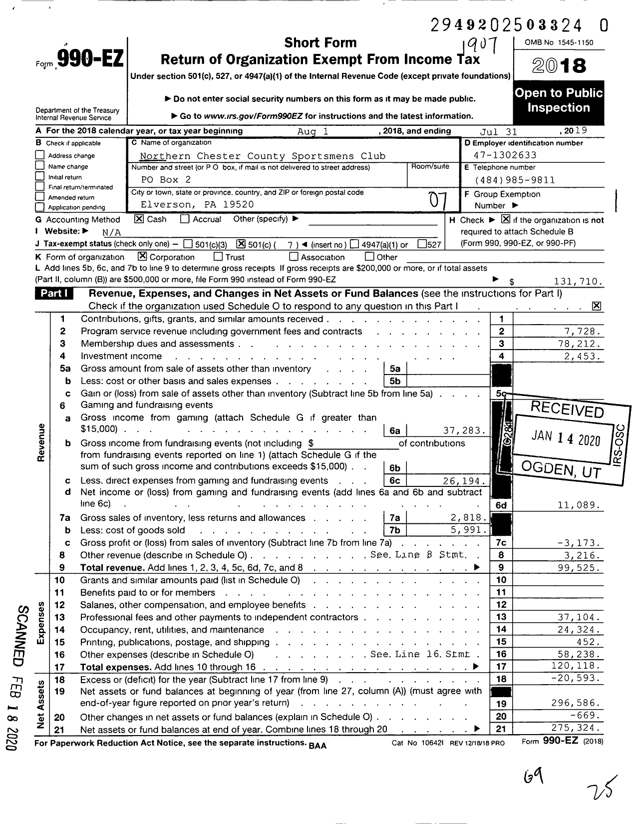 Image of first page of 2018 Form 990EO for Northern Chester County Sportsmens Club