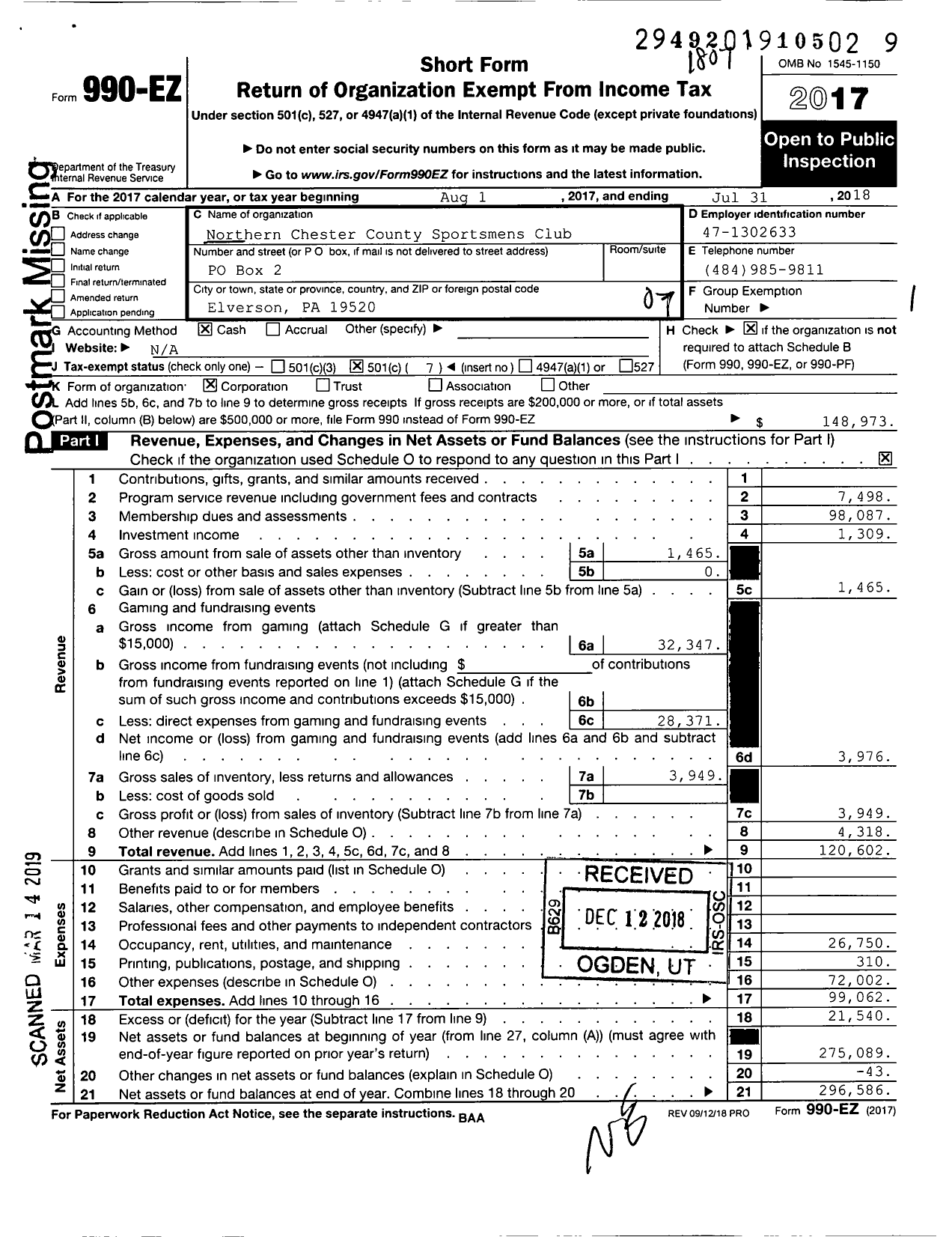 Image of first page of 2017 Form 990EO for Northern Chester County Sportsmens Club