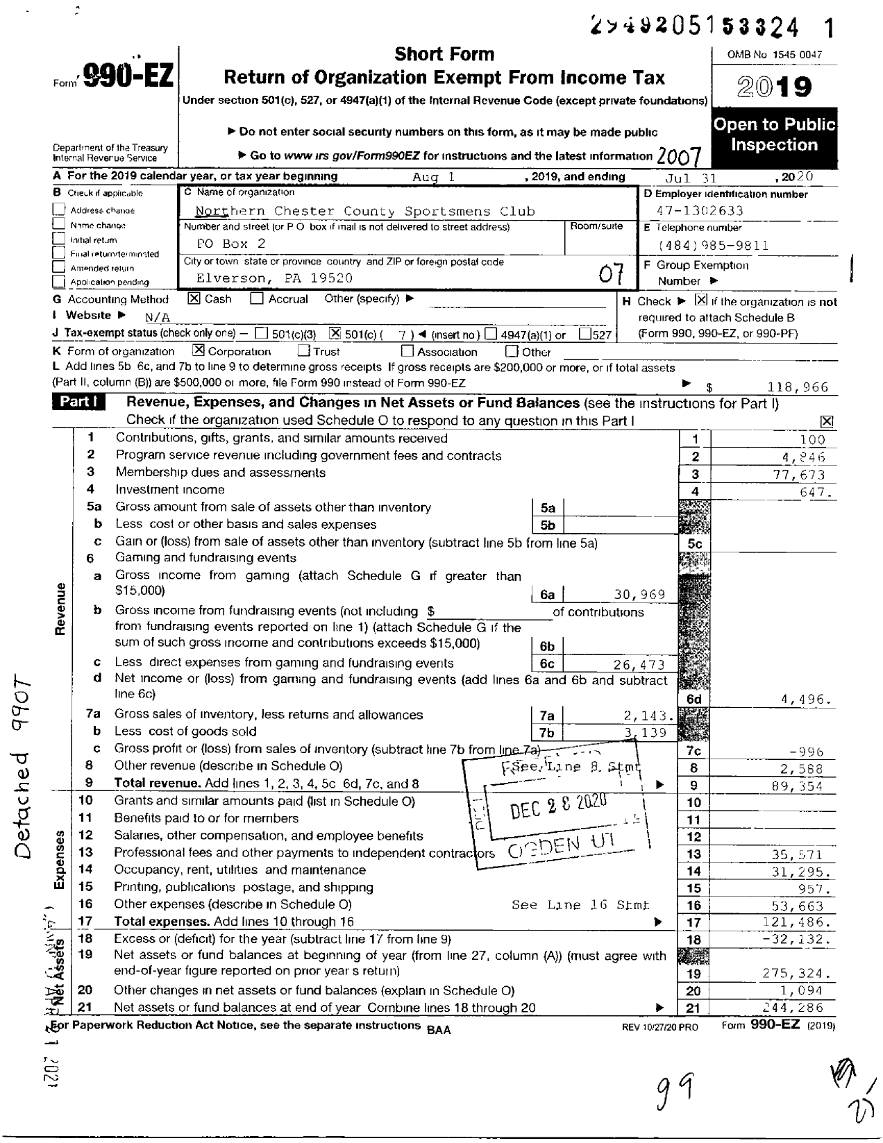 Image of first page of 2019 Form 990EO for Northern Chester County Sportsmens Club