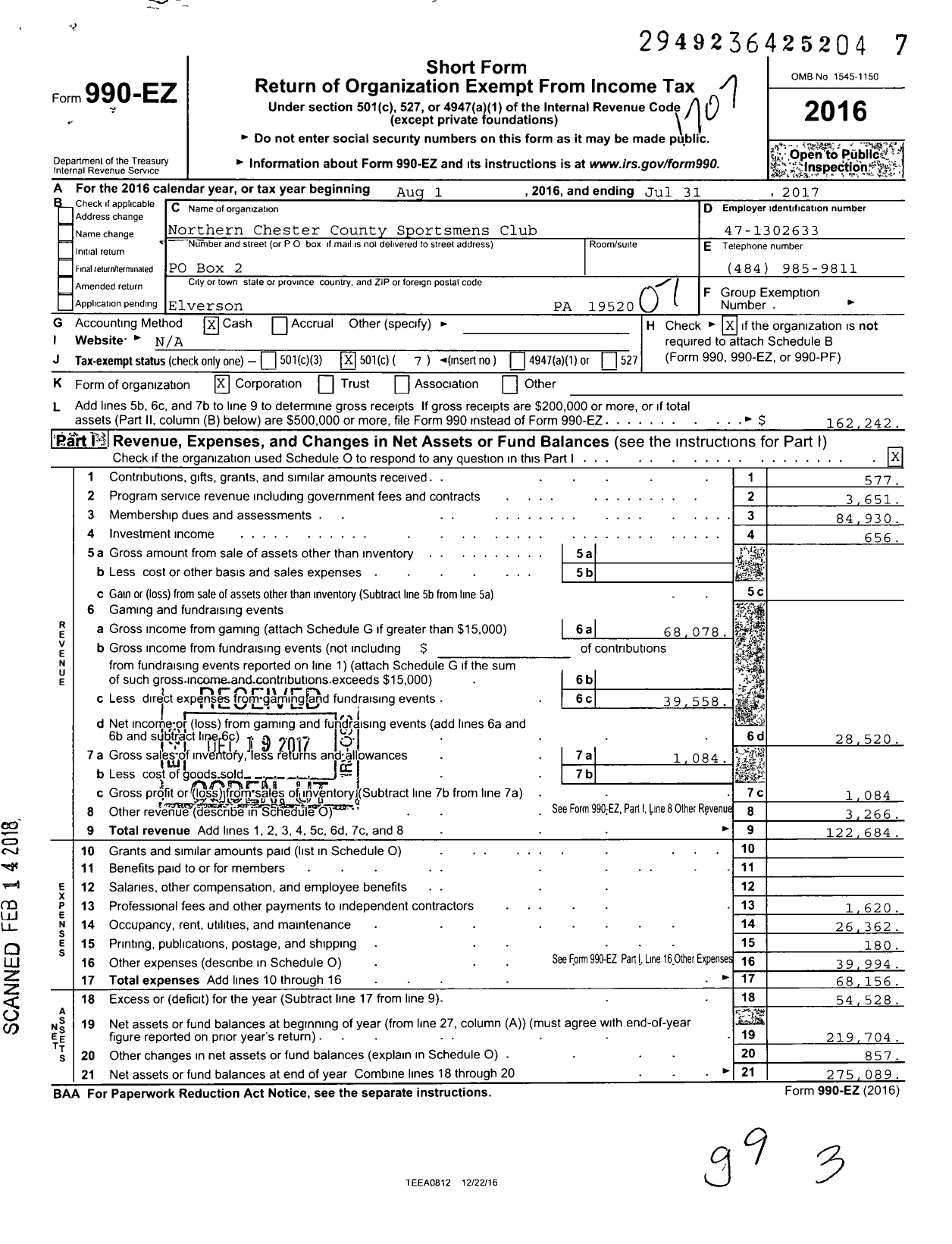 Image of first page of 2016 Form 990EO for Northern Chester County Sportsmens Club