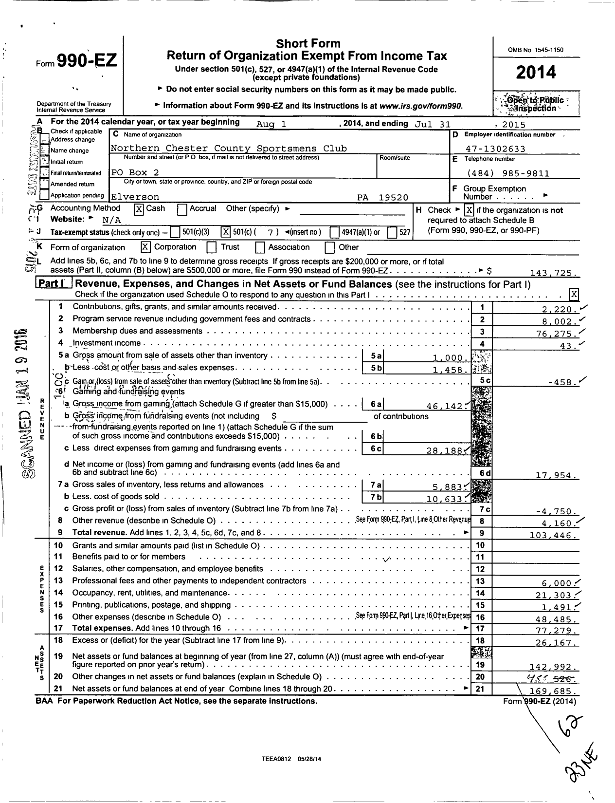 Image of first page of 2014 Form 990EO for Northern Chester County Sportsmens Club