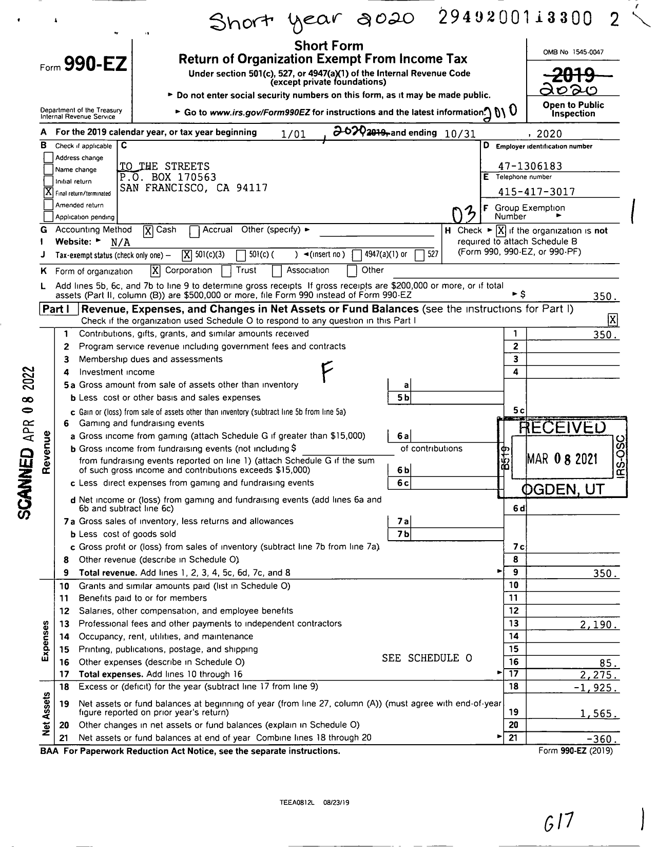 Image of first page of 2019 Form 990EZ for To the Streets