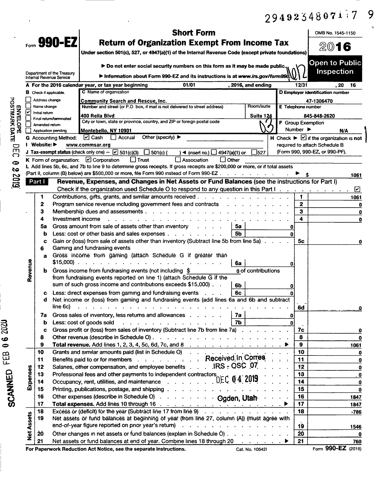 Image of first page of 2016 Form 990EZ for Community Search and Rescue