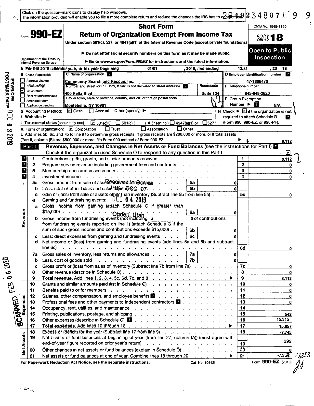 Image of first page of 2018 Form 990EZ for Community Search and Rescue