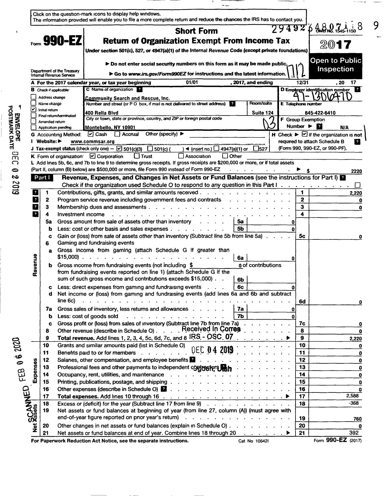 Image of first page of 2017 Form 990EZ for Community Search and Rescue