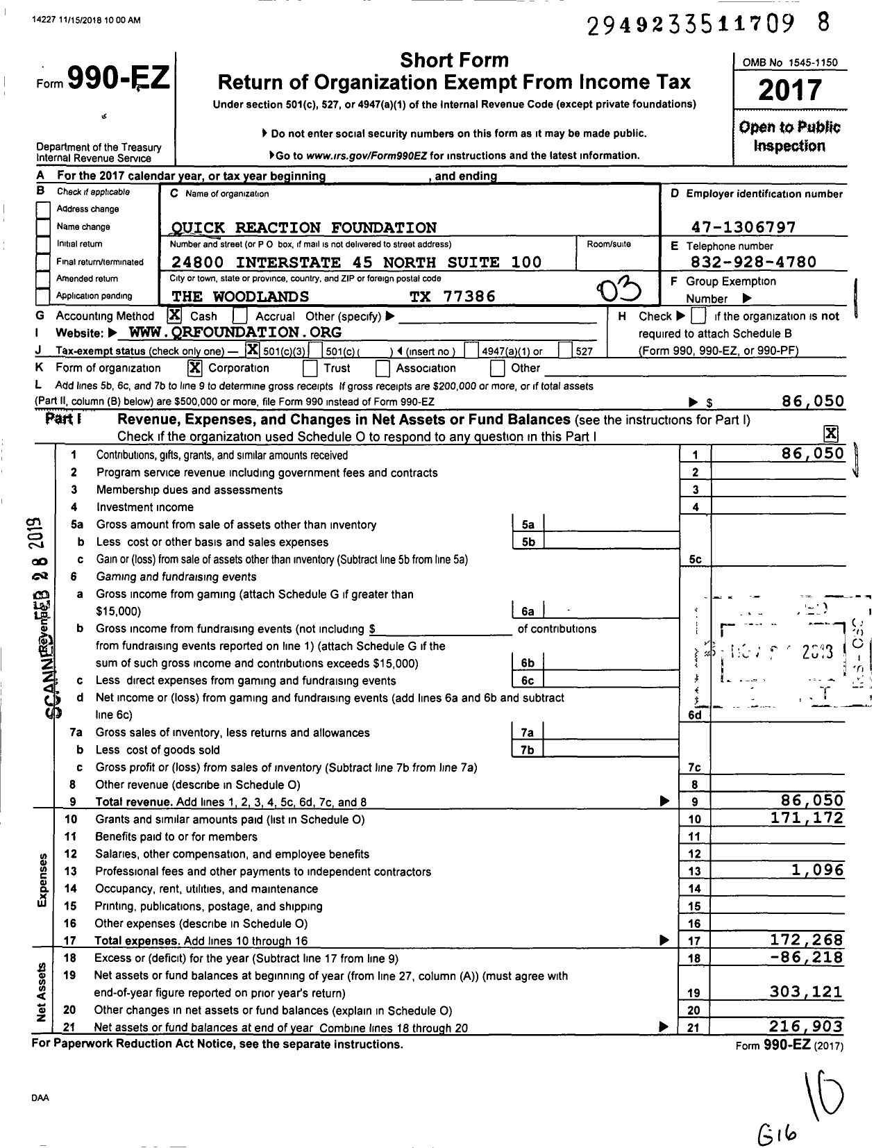 Image of first page of 2017 Form 990EZ for Quick Reaction Foundation