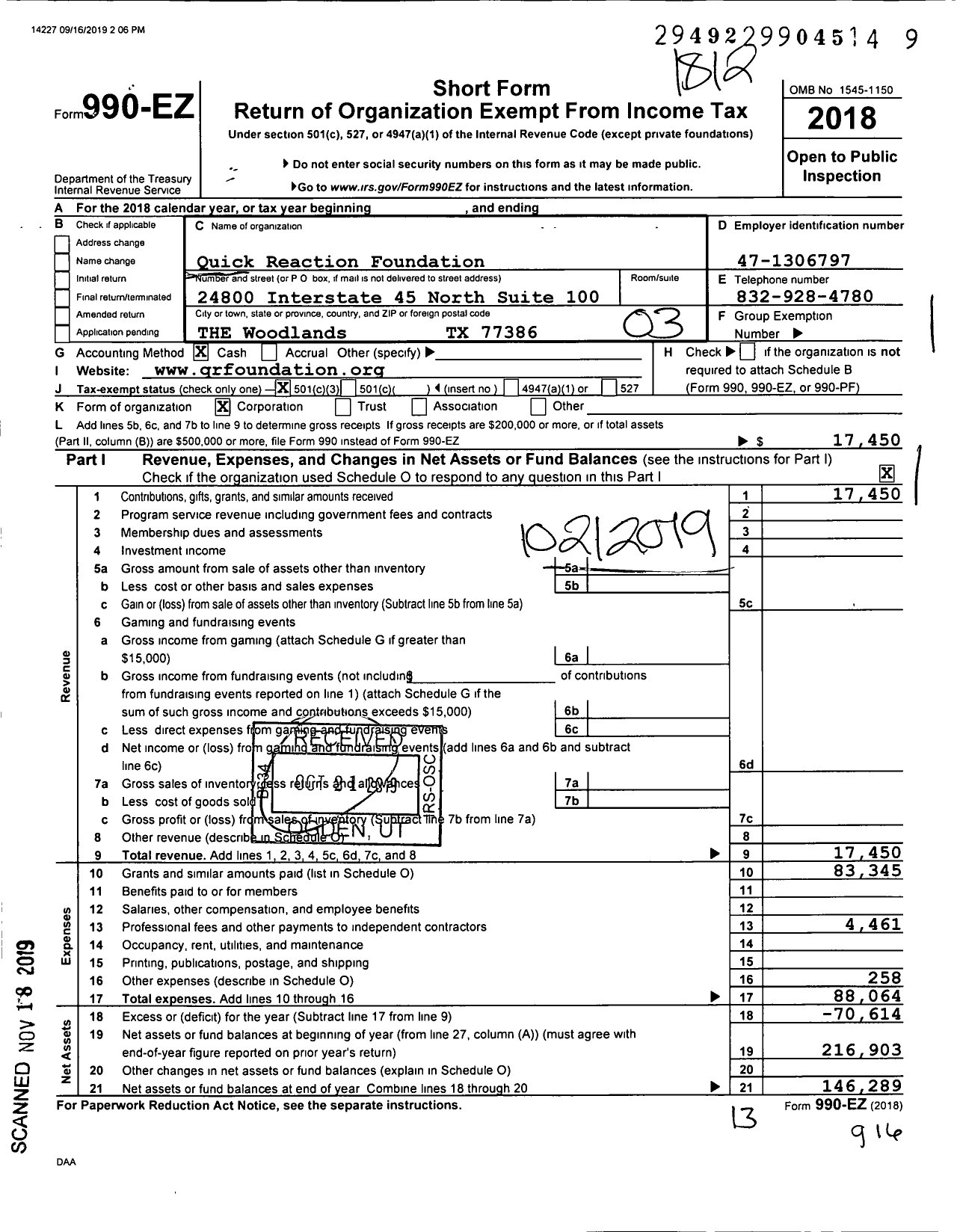 Image of first page of 2018 Form 990EZ for Quick Reaction Foundation