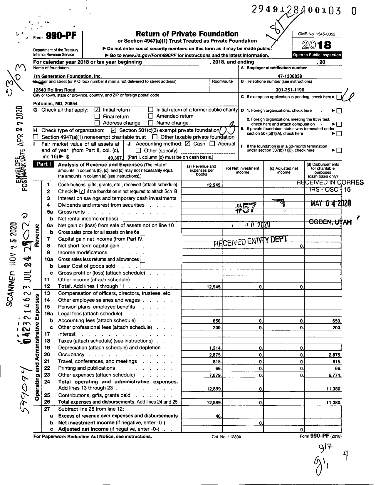 Image of first page of 2018 Form 990PF for 7th Generation Foundation