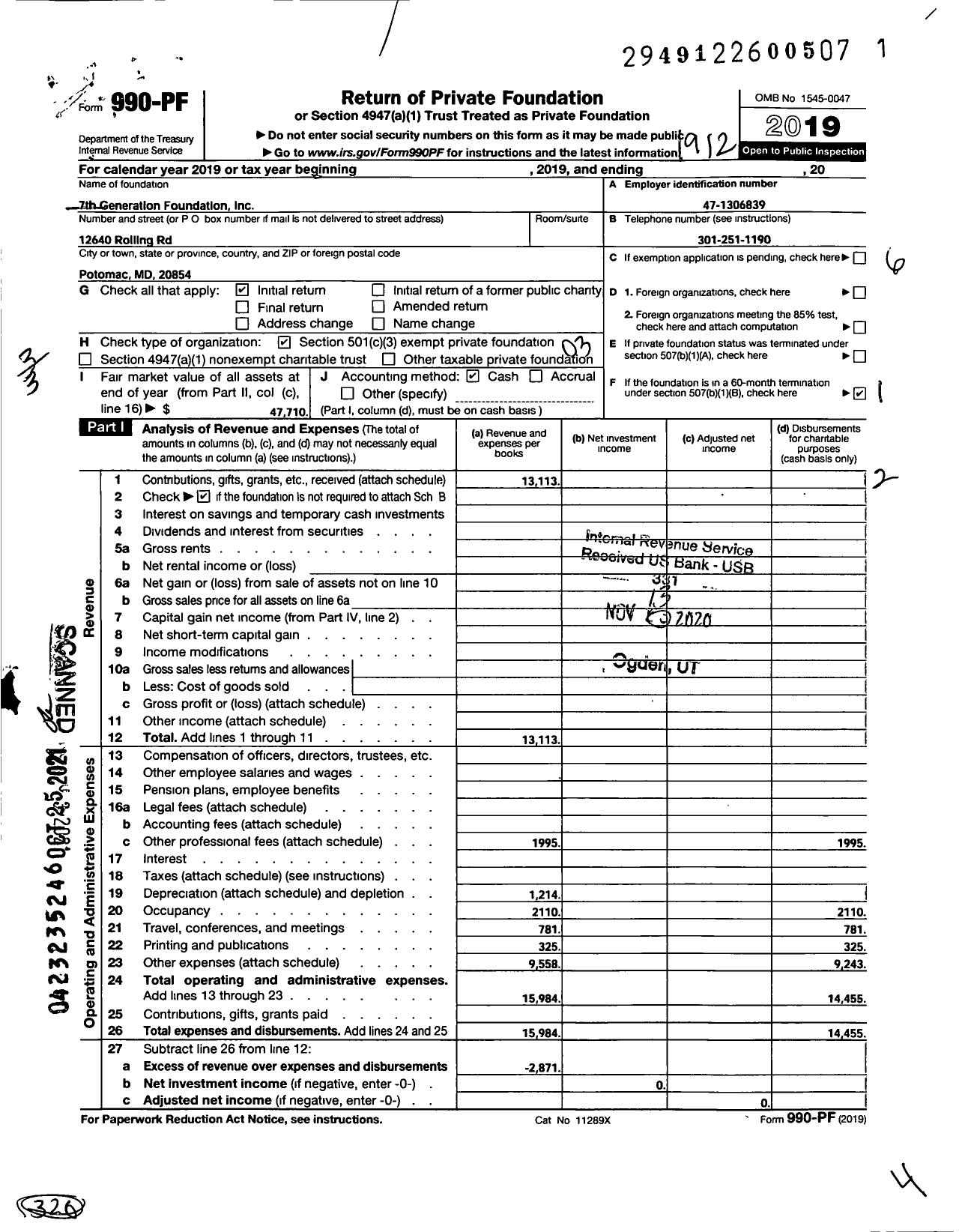 Image of first page of 2019 Form 990PF for 7th Generation Foundation