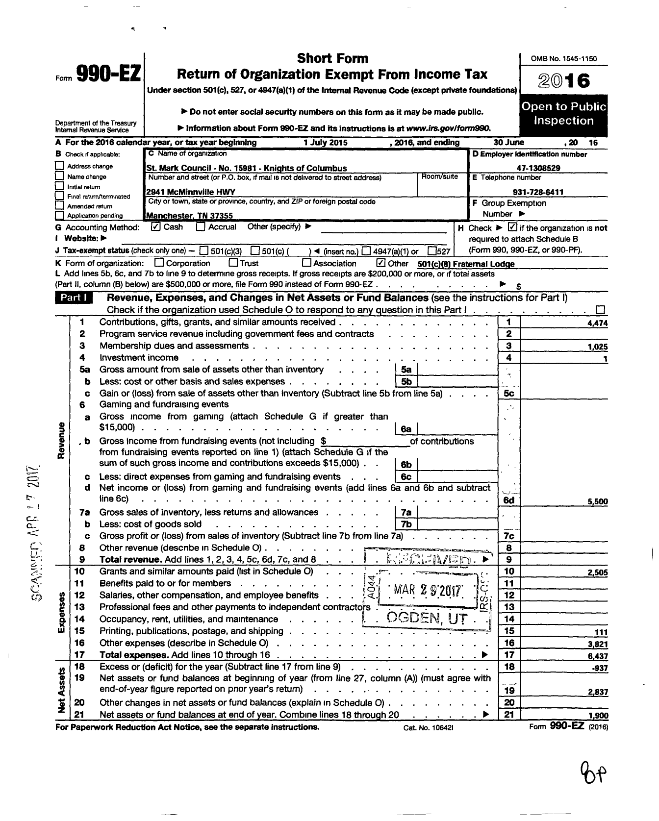 Image of first page of 2015 Form 990EO for Knights of Columbus - 15981 St Mark Council