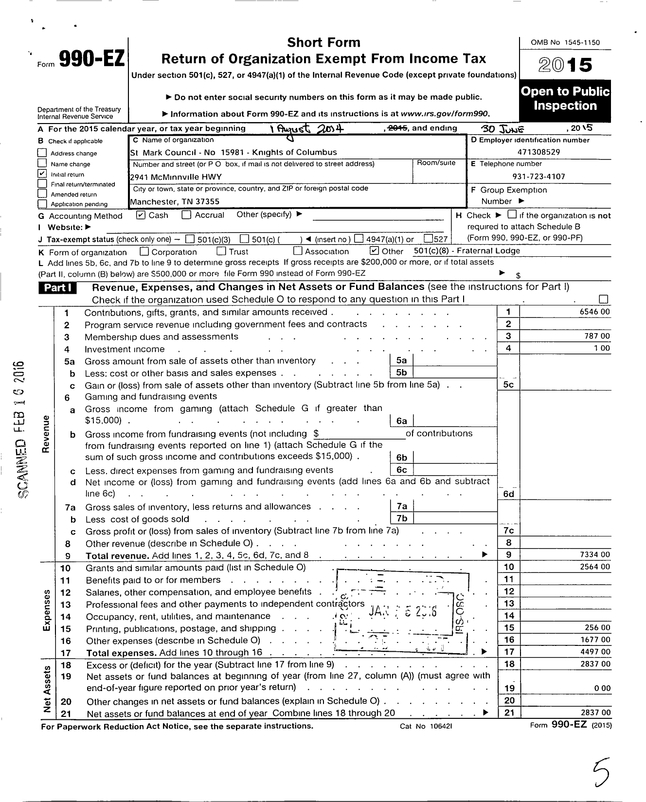 Image of first page of 2014 Form 990EO for Knights of Columbus - 15981 St Mark Council