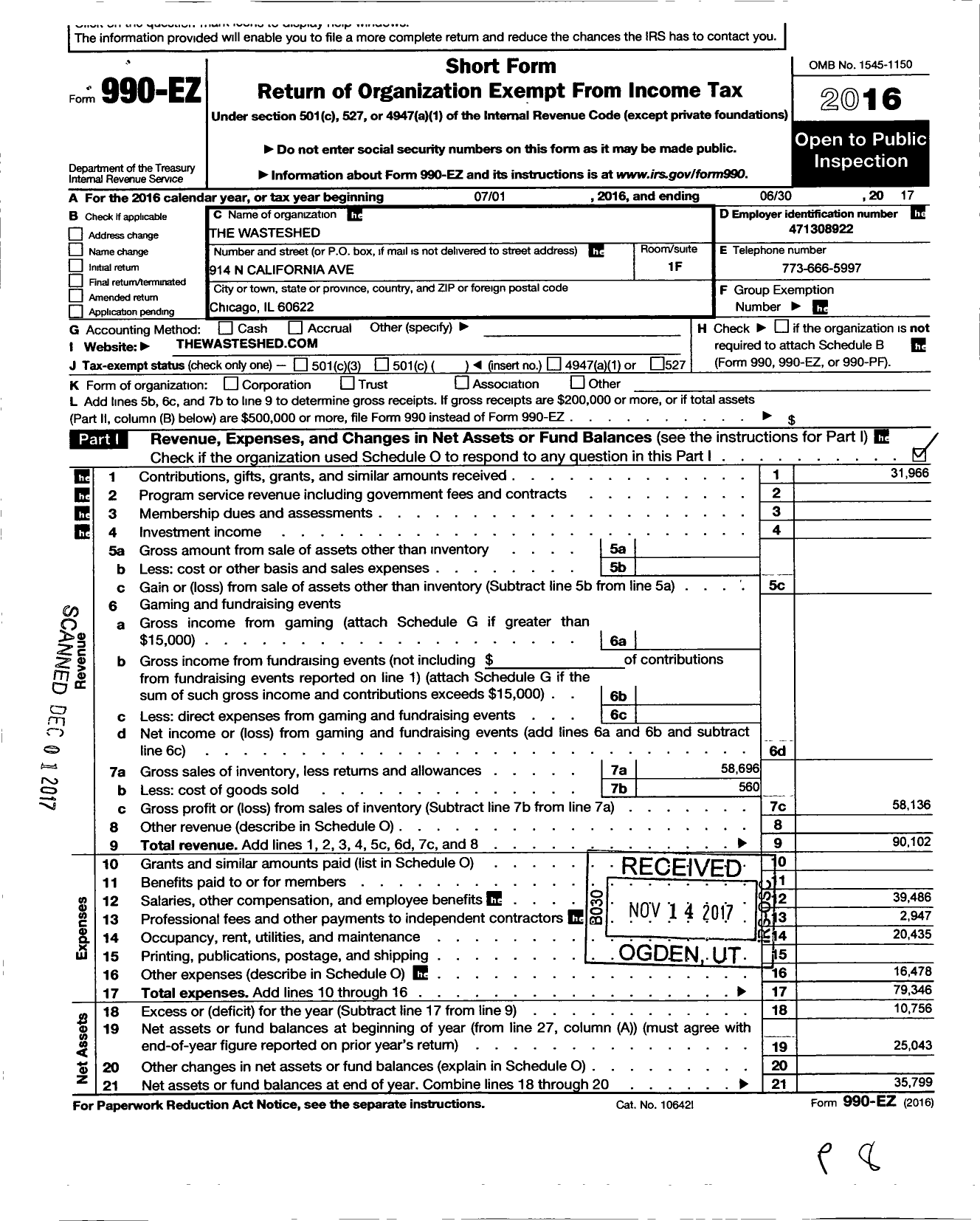 Image of first page of 2016 Form 990EO for The Wasteshed