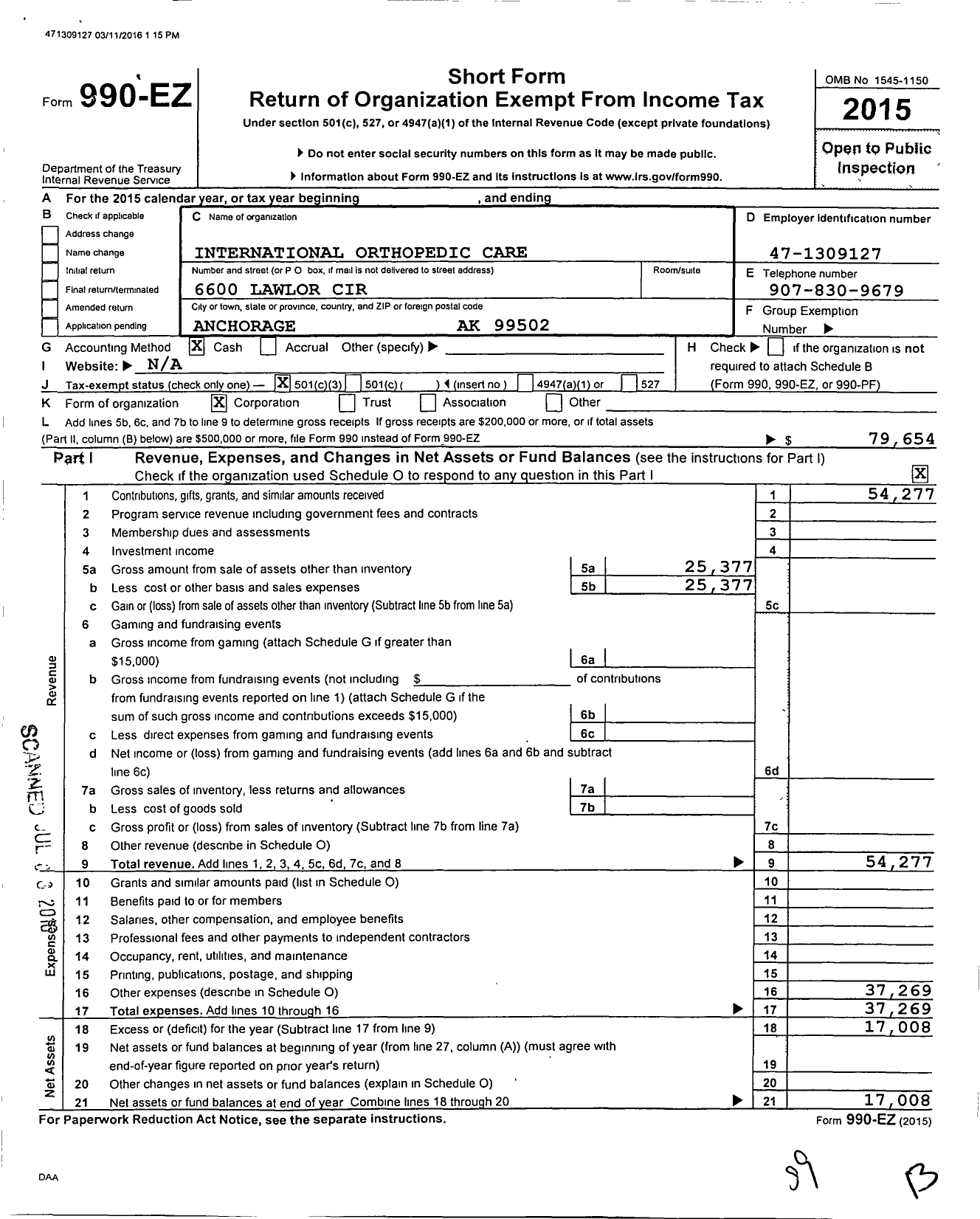 Image of first page of 2015 Form 990EZ for International Orthopedic Care