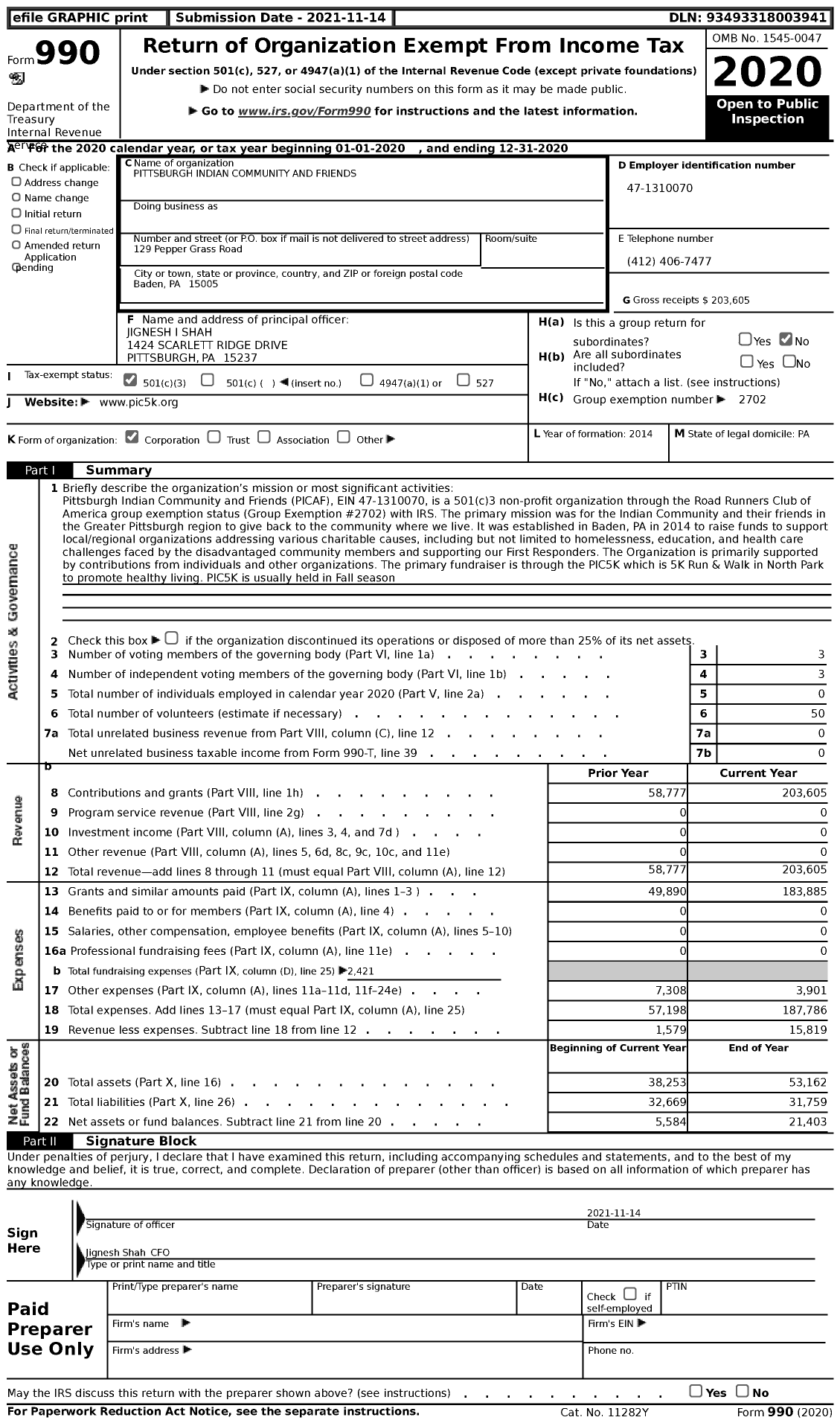 Image of first page of 2020 Form 990 for Pittsburgh Indian Community and Friends