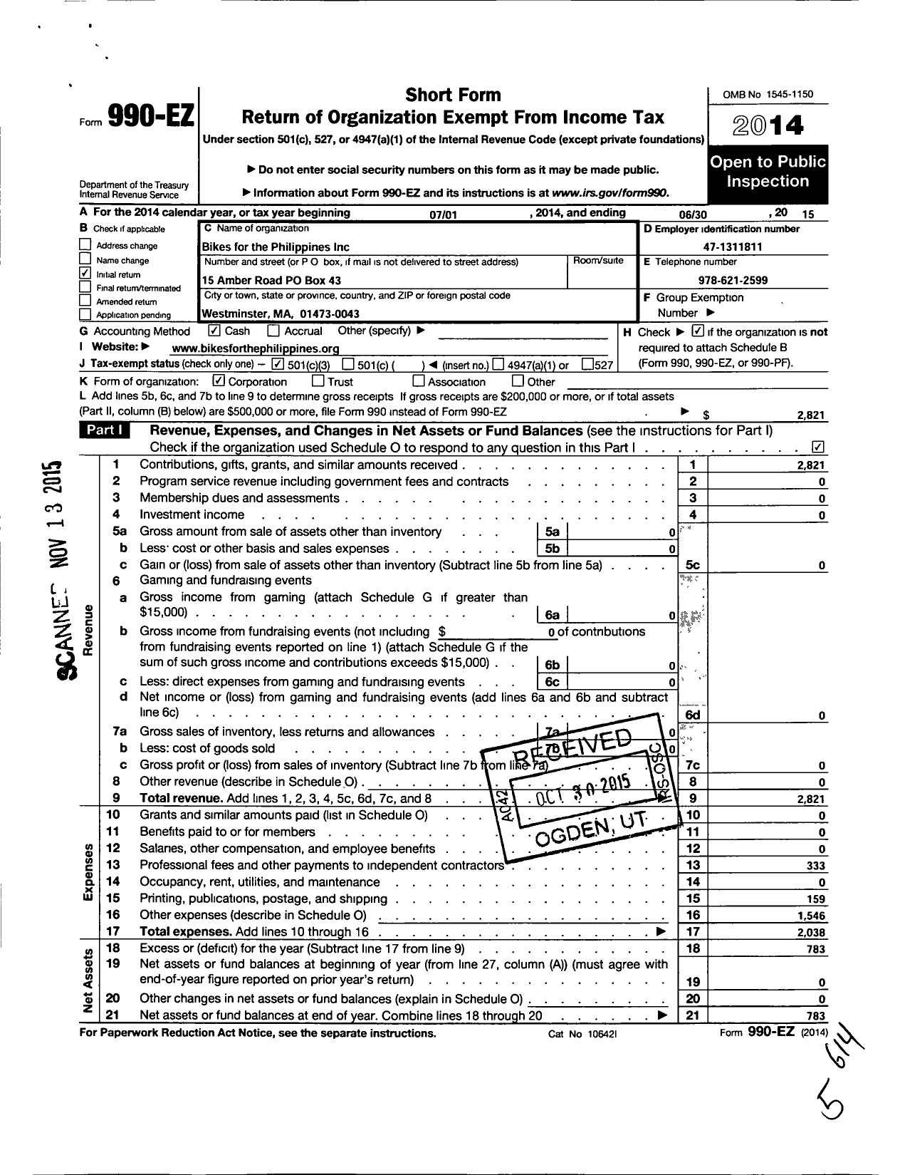 Image of first page of 2014 Form 990EZ for Bikes for the Philippines