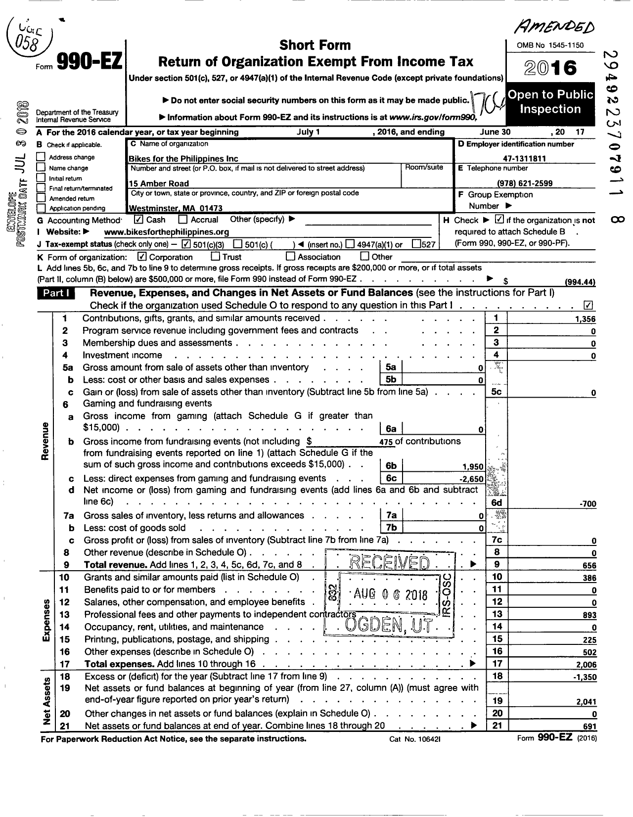 Image of first page of 2016 Form 990EZ for Bikes for the Philippines