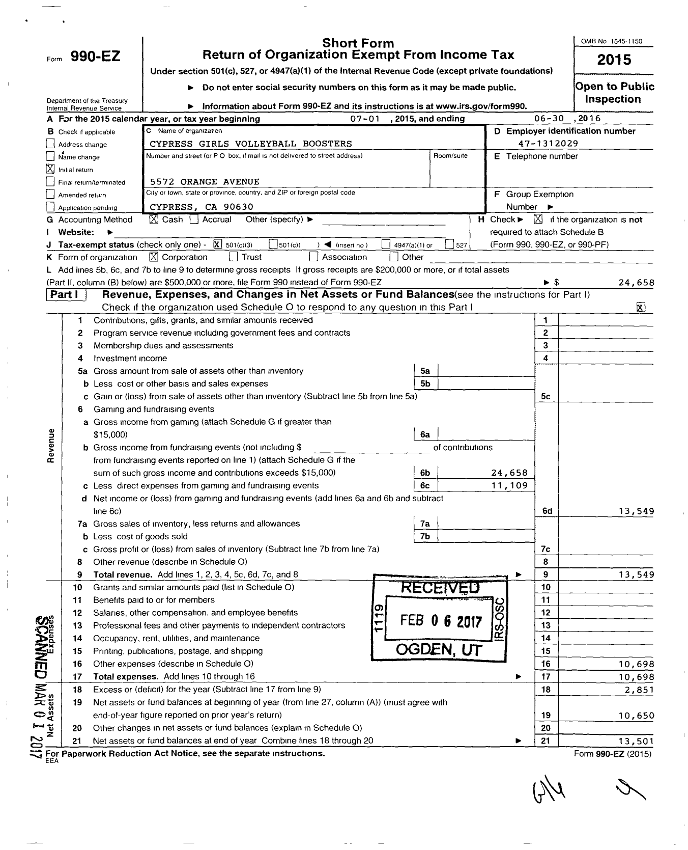 Image of first page of 2015 Form 990EZ for Cypress High School Girls Volleyball