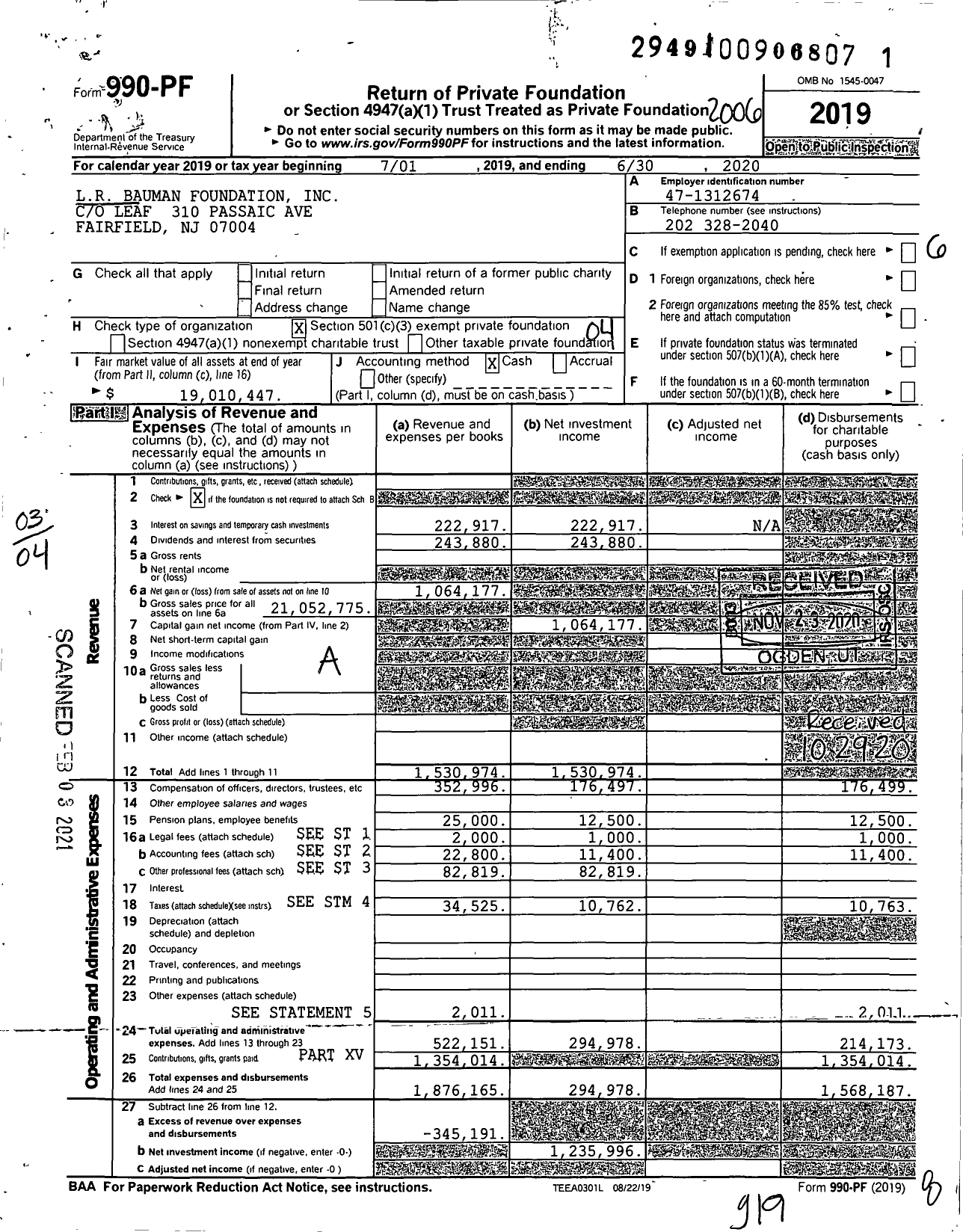 Image of first page of 2019 Form 990PF for LR Bauman Foundation