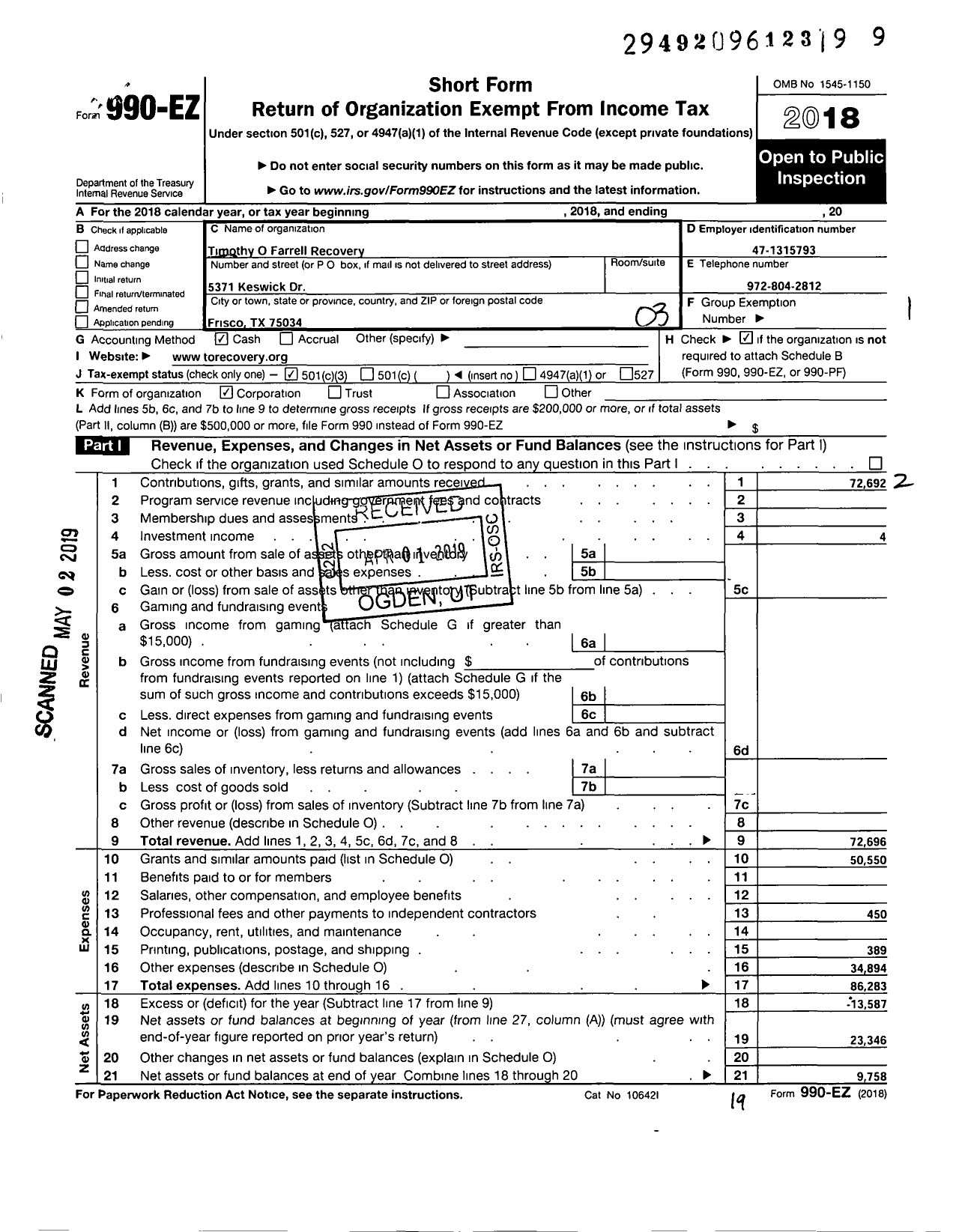 Image of first page of 2018 Form 990EZ for Timothy O Farrell Recovery