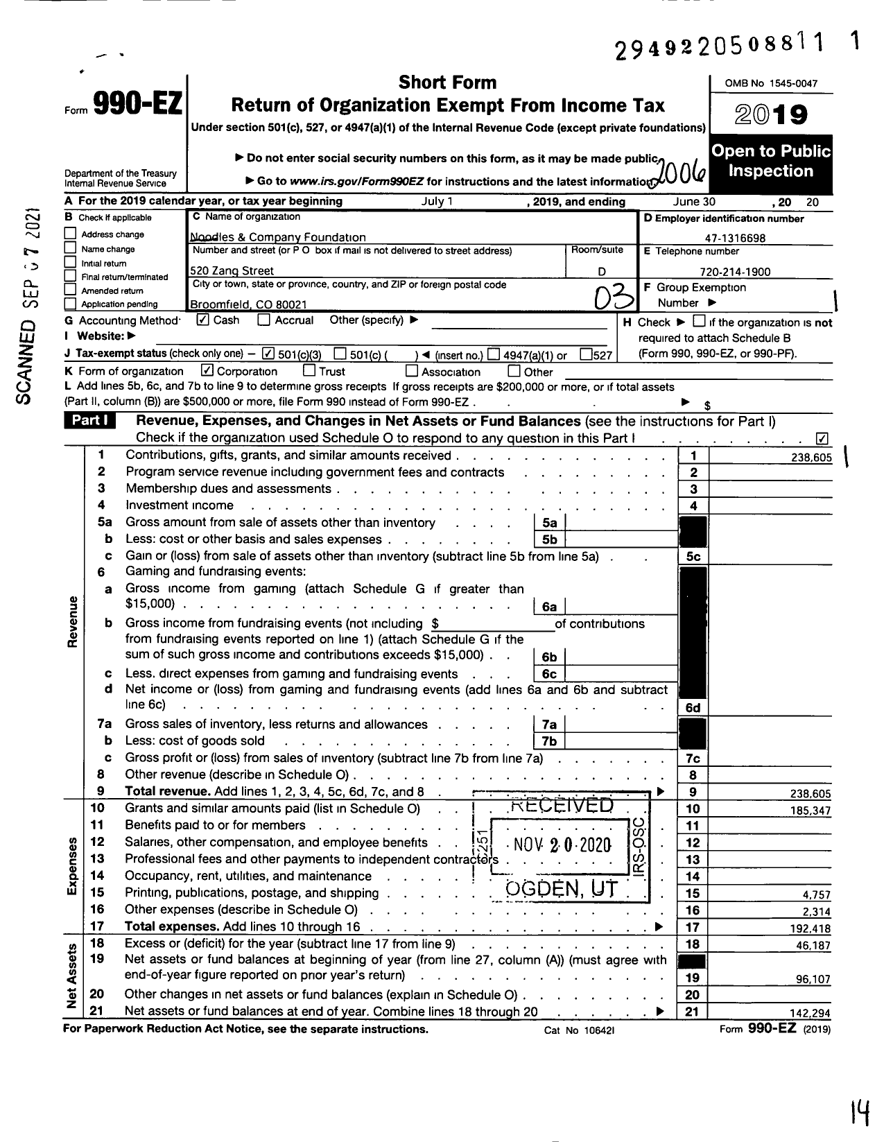 Image of first page of 2019 Form 990EZ for Noodles and Company Foundation