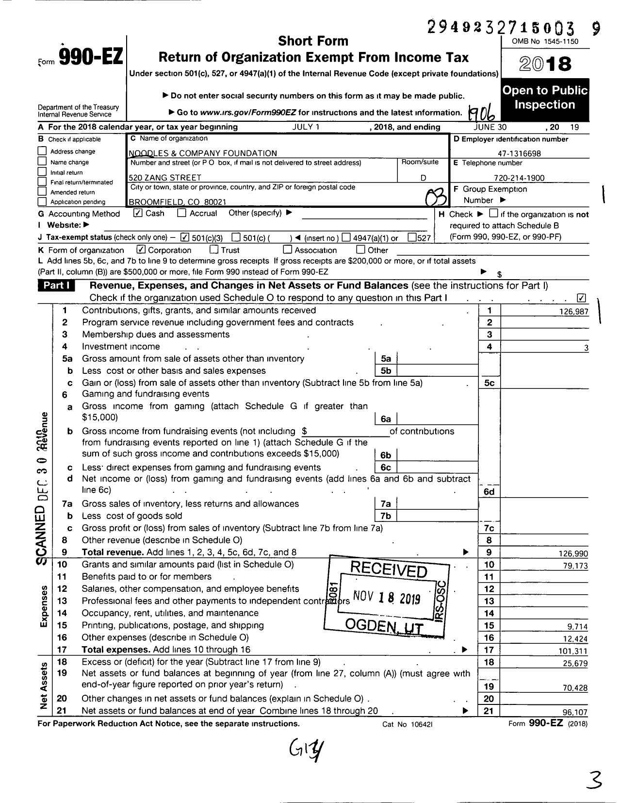 Image of first page of 2018 Form 990EZ for Noodles and Company Foundation