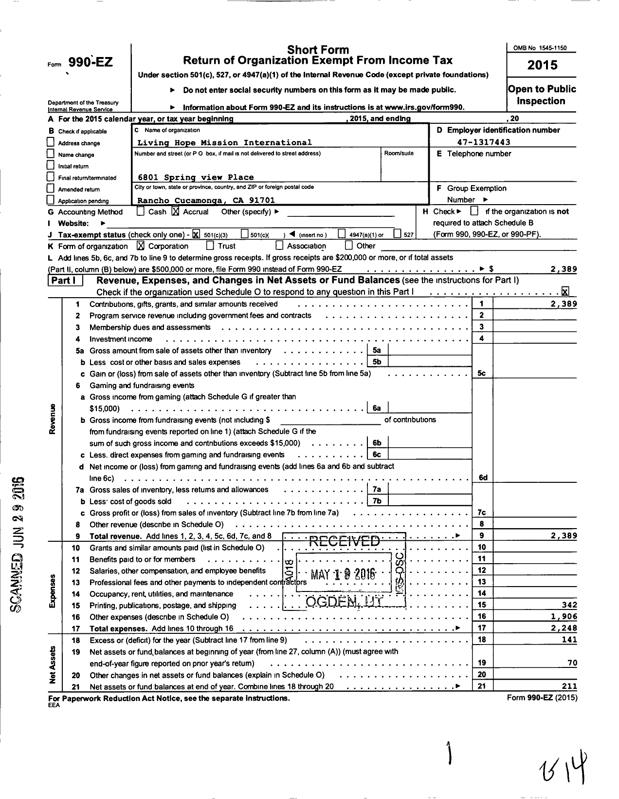 Image of first page of 2015 Form 990EZ for Living Hope Mission International