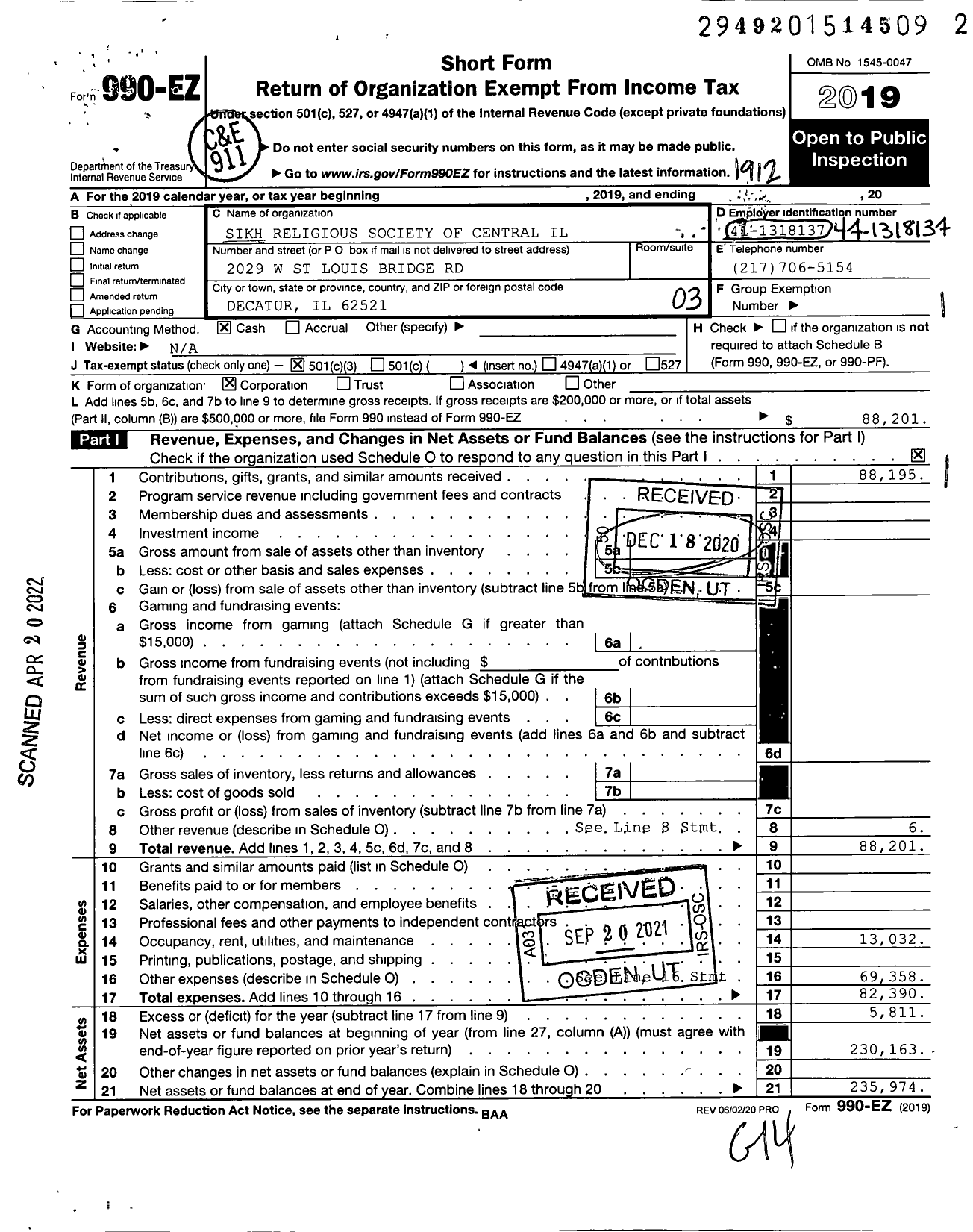 Image of first page of 2019 Form 990EZ for Sikh Religious Society of Central Il