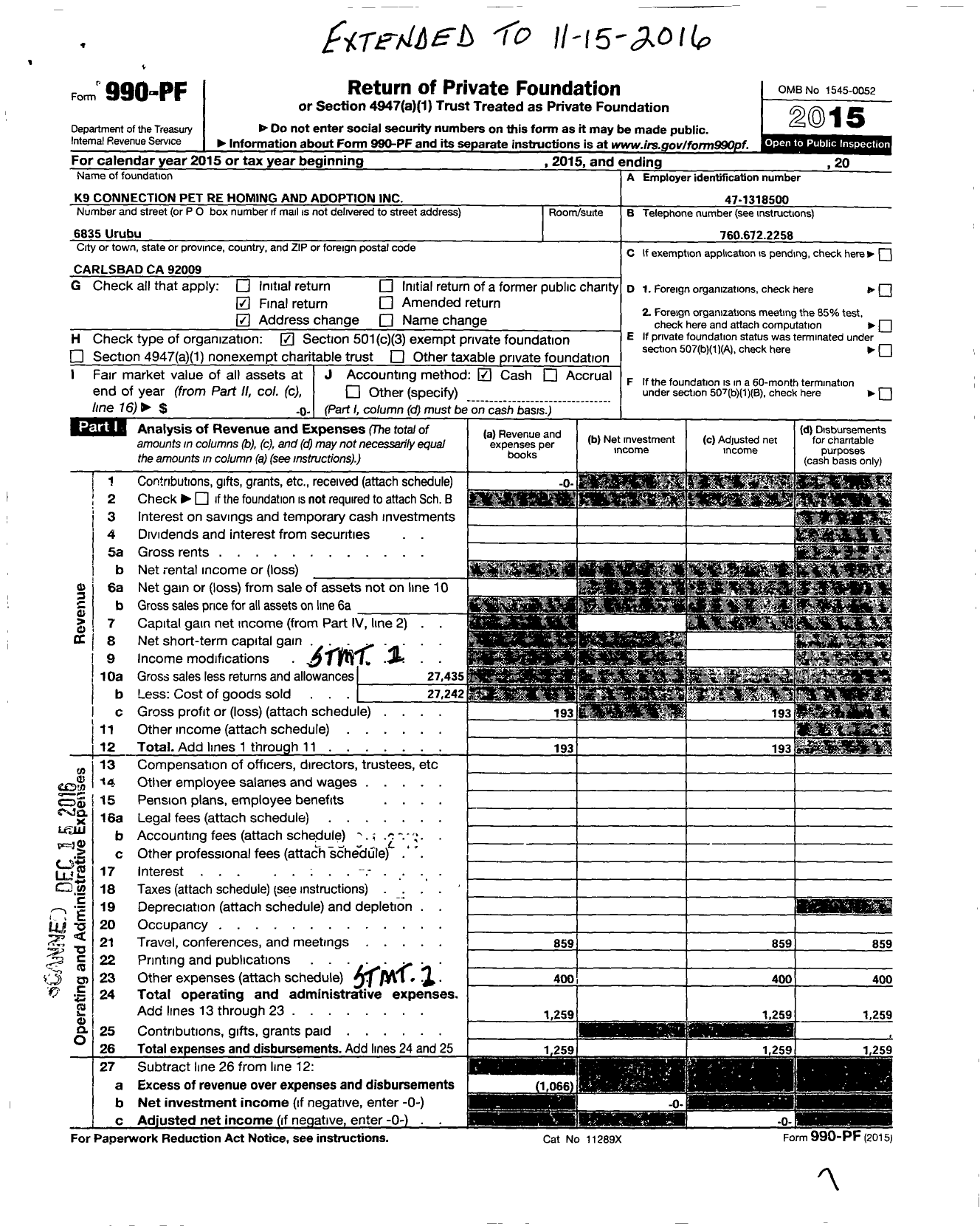 Image of first page of 2015 Form 990PF for K9 Connection Pet Re Homing and Adoption