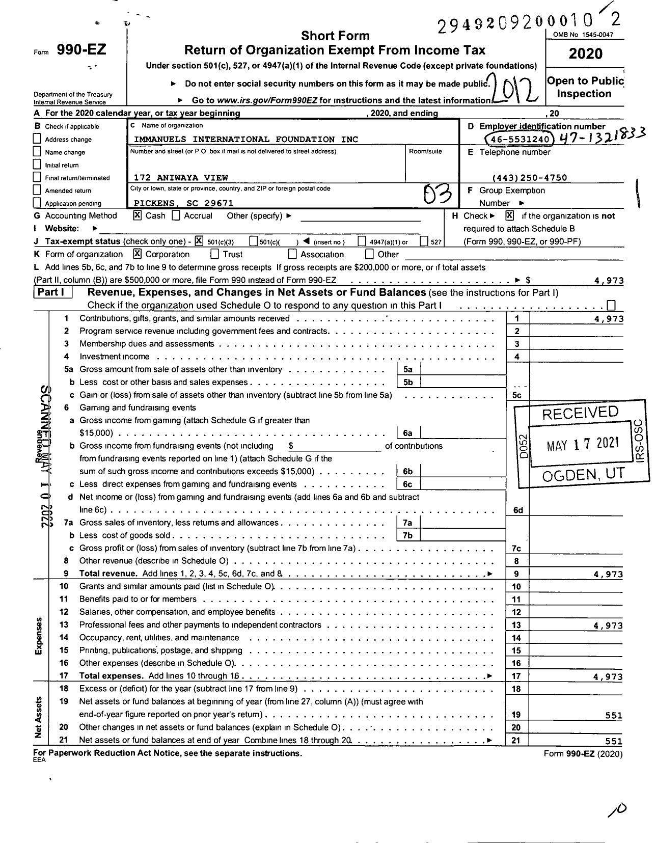 Image of first page of 2020 Form 990EZ for Immanuels International Foundation