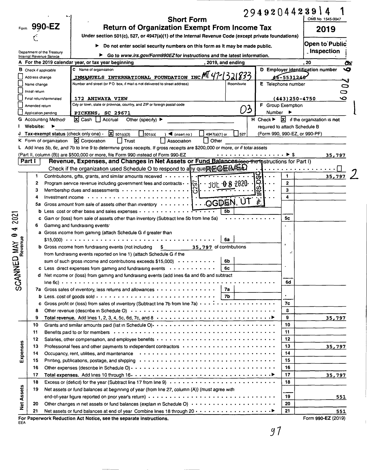 Image of first page of 2019 Form 990EZ for Immanuels International Foundation