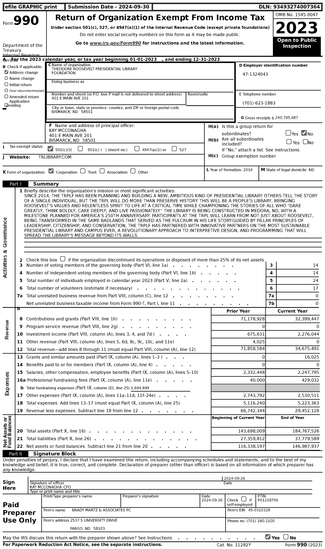 Image of first page of 2023 Form 990 for Theodore Roosevelt Presidential Library Foundation