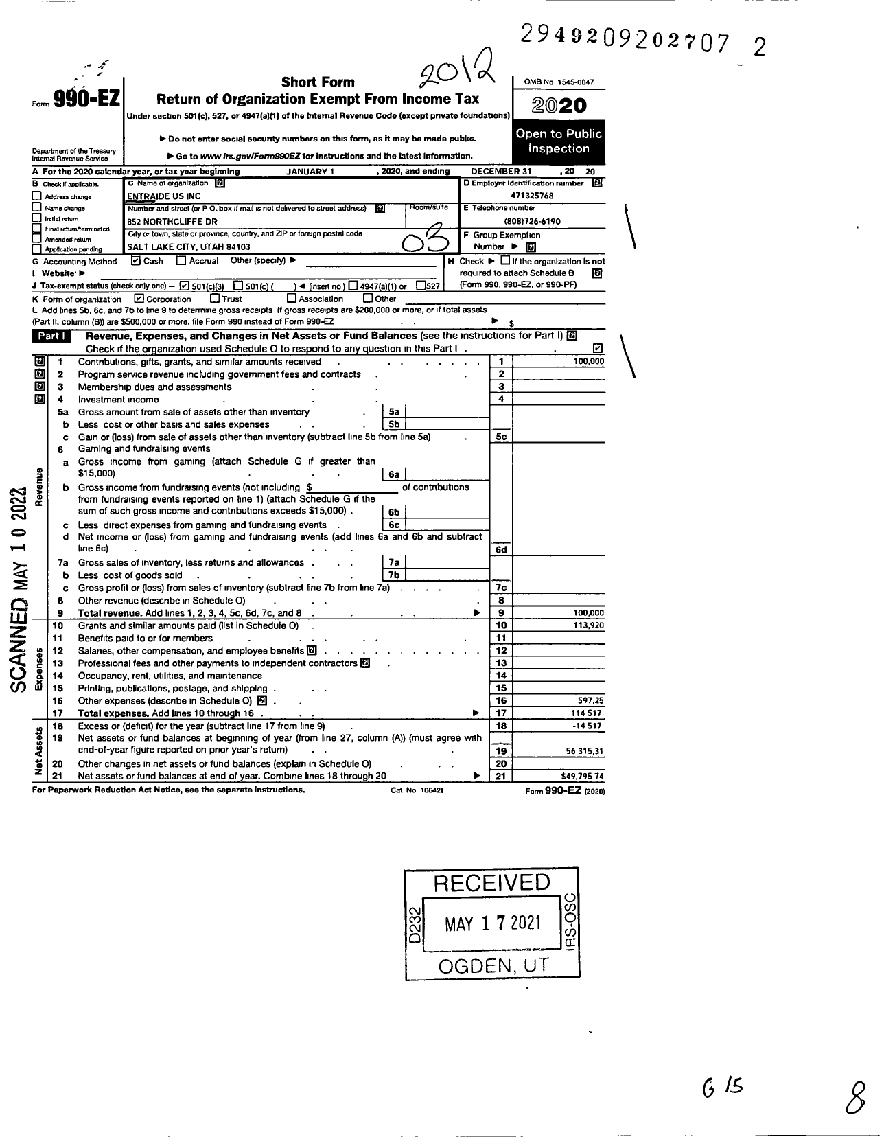 Image of first page of 2020 Form 990EZ for Entraide Us