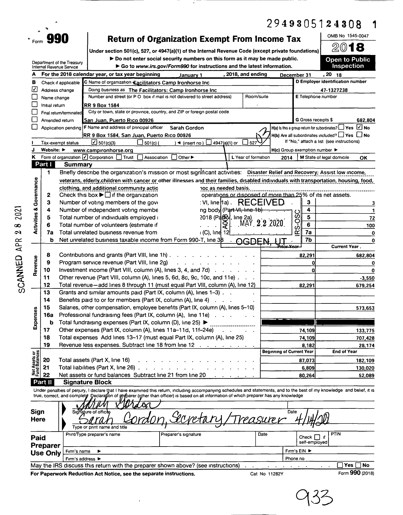 Image of first page of 2018 Form 990 for Facilitators - Camp Ironhorse