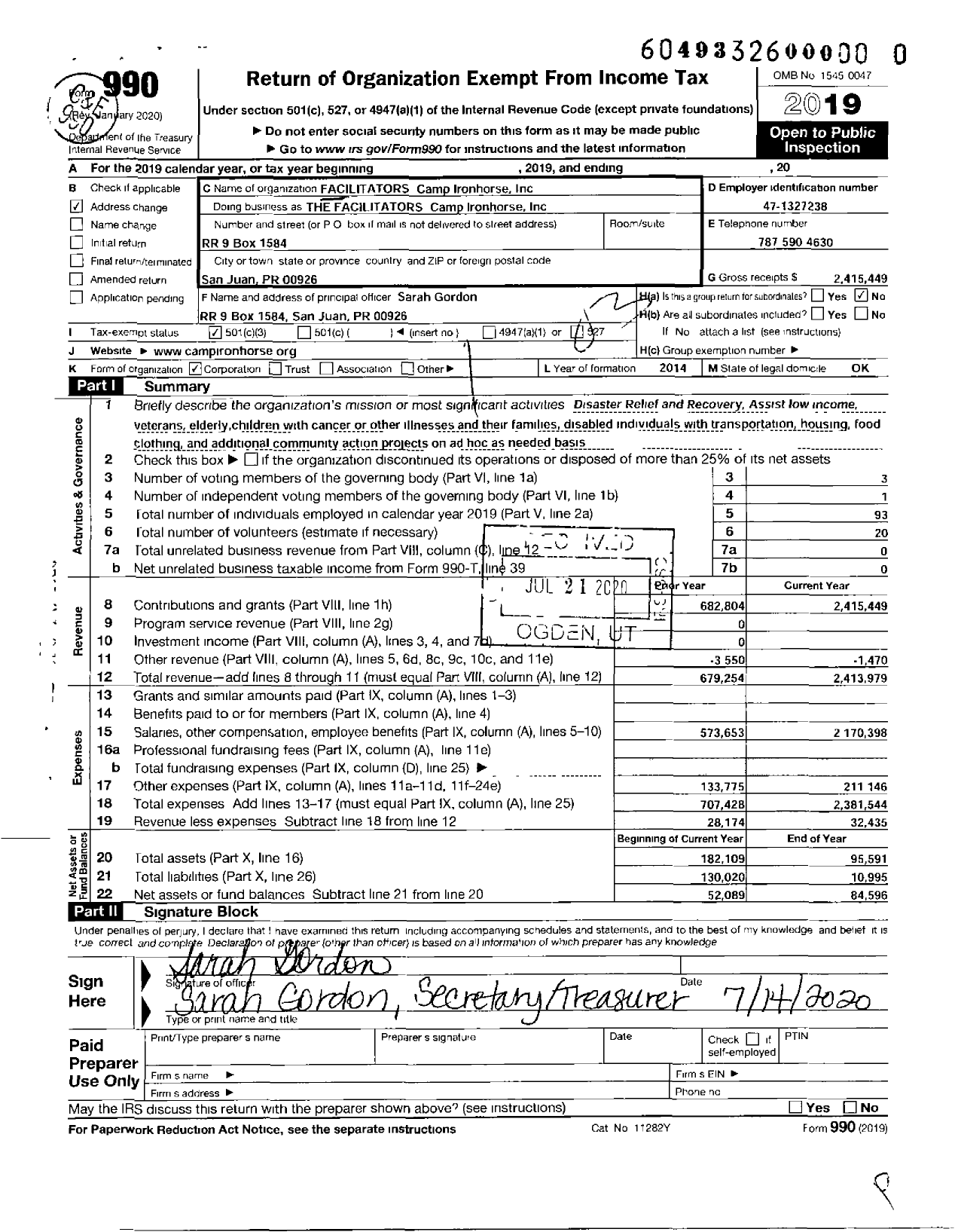 Image of first page of 2019 Form 990 for Facilitators - Camp Ironhorse
