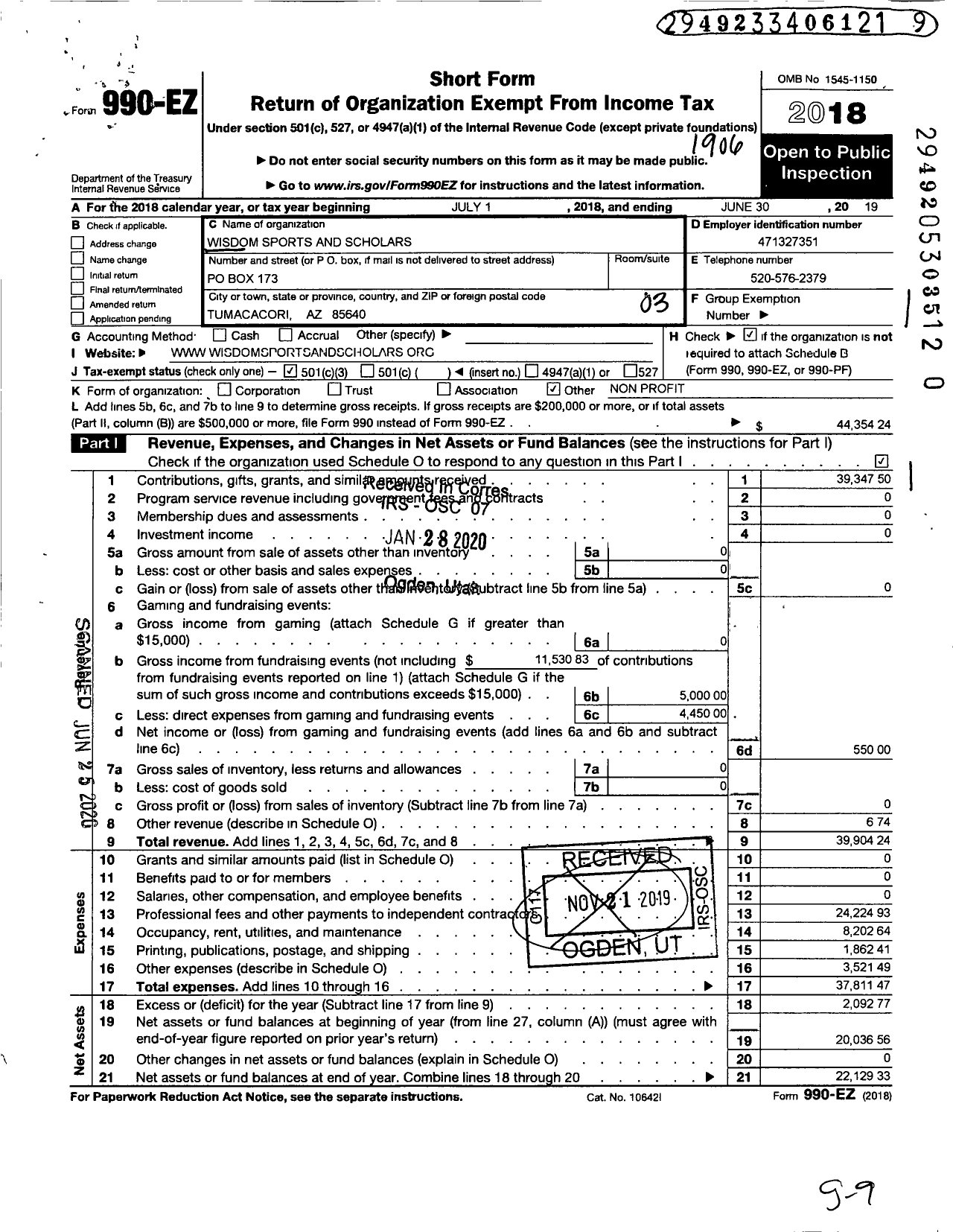 Image of first page of 2018 Form 990EZ for Wisdom Sports and Scholars