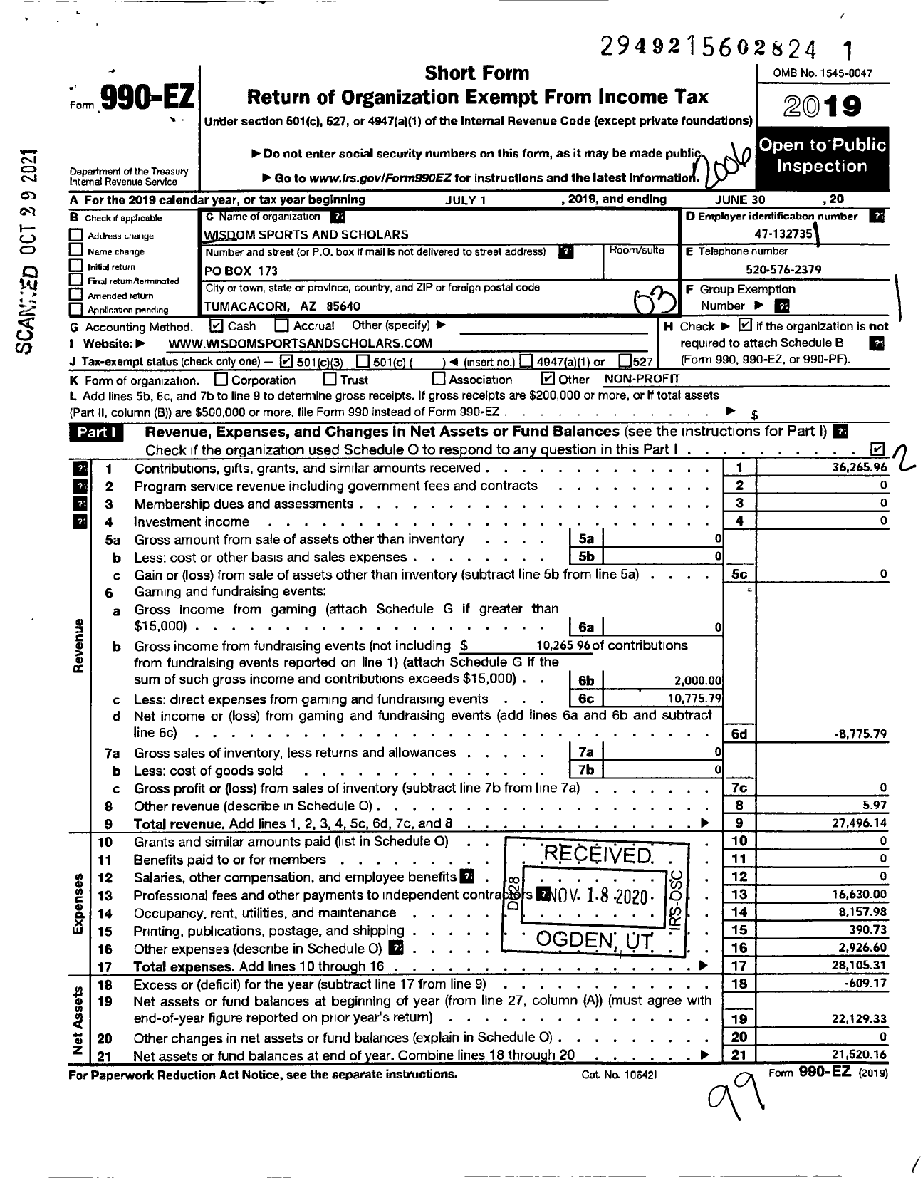 Image of first page of 2019 Form 990EZ for Wisdom Sports and Scholars