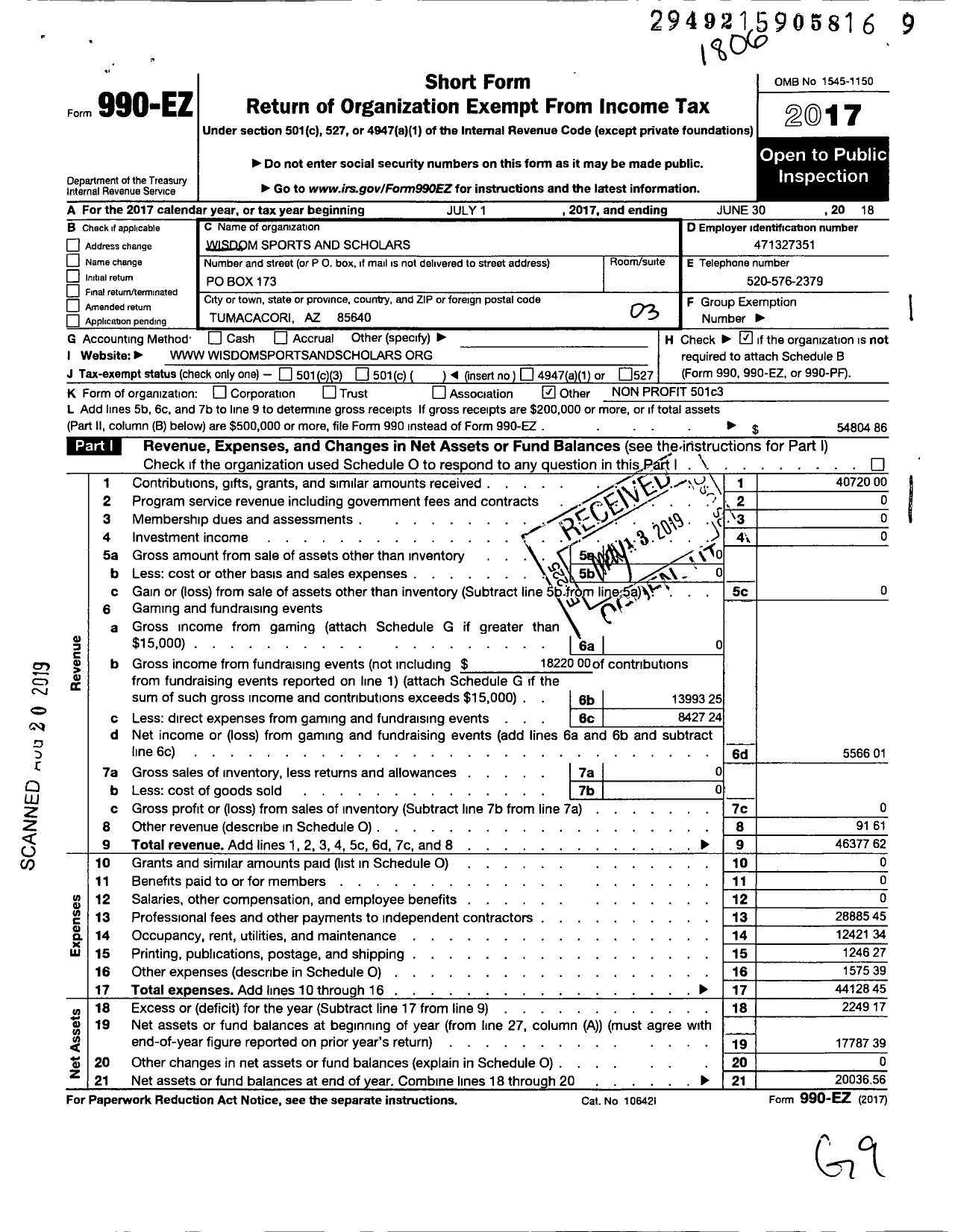 Image of first page of 2017 Form 990EZ for Wisdom Sports and Scholars